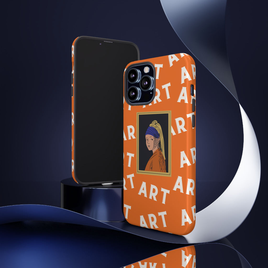 Bold Orange "ART" Pattern with Framed Girl with Pearl Earring Illustration