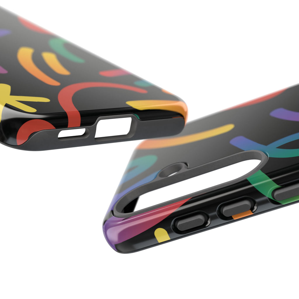 Colorful Doodle Tough Phone Case — Black Background Protective Cover