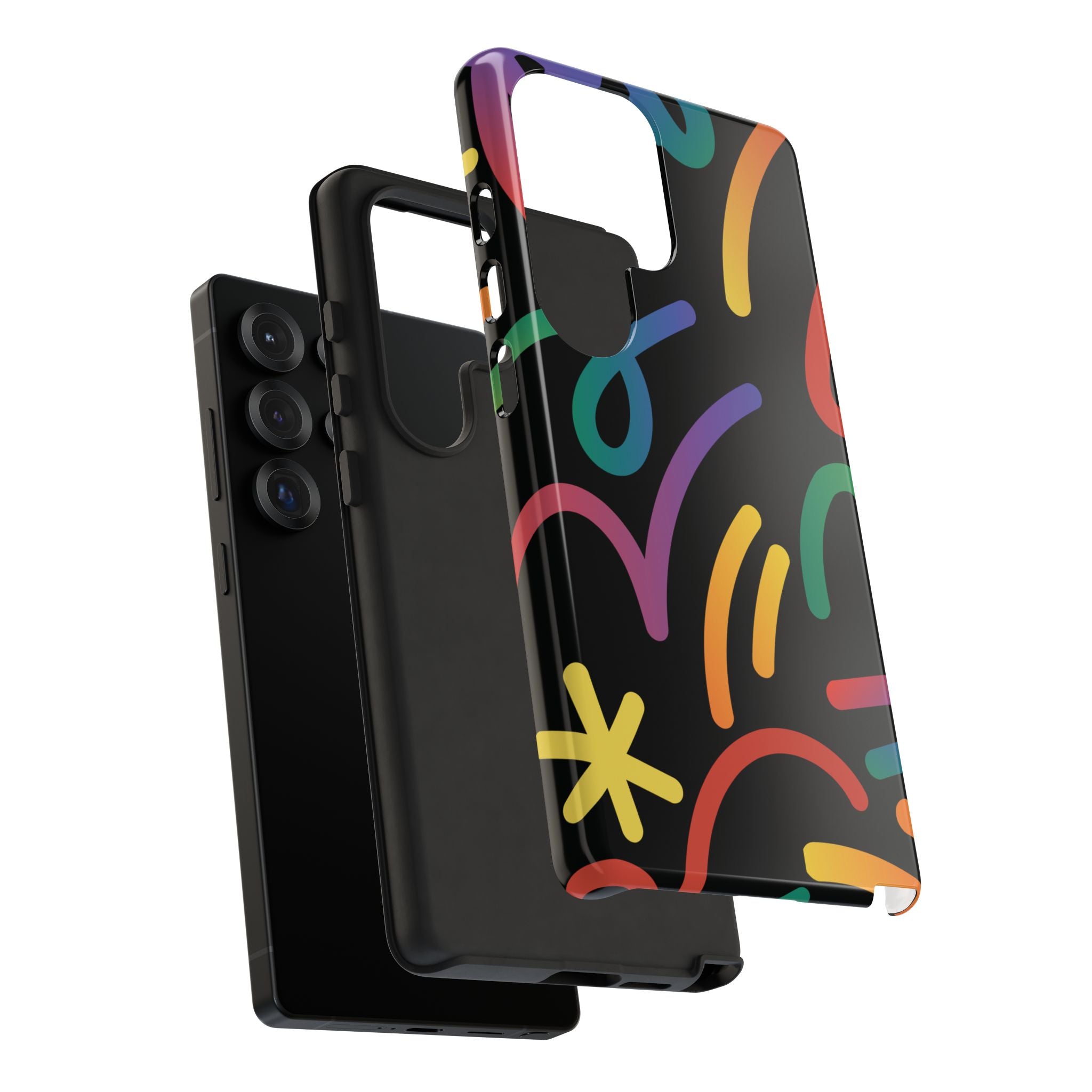 Colorful Doodle Tough Phone Case — Black Background Protective Cover