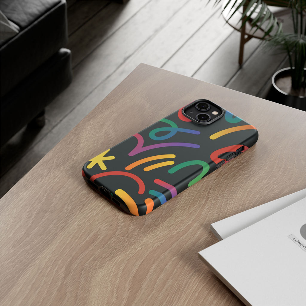 Colorful Doodle Tough Phone Case — Black Background Protective Cover