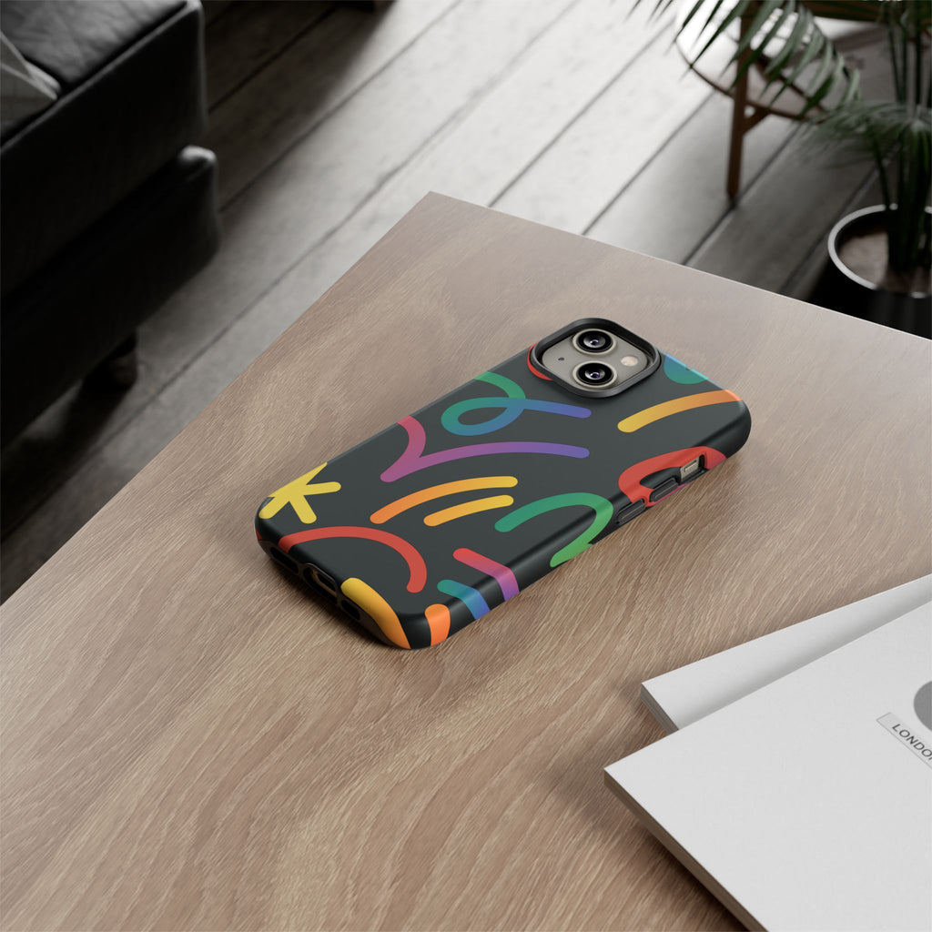 Colorful Doodle Tough Phone Case — Black Background Protective Cover