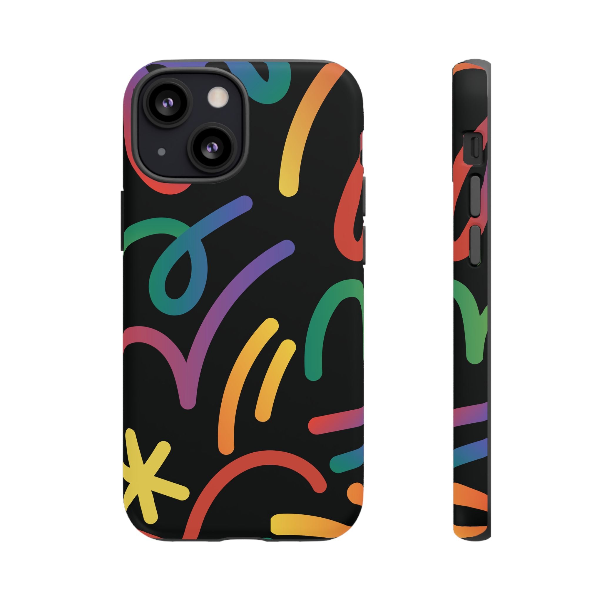 Colorful Doodle Tough Phone Case — Black Background Protective Cover