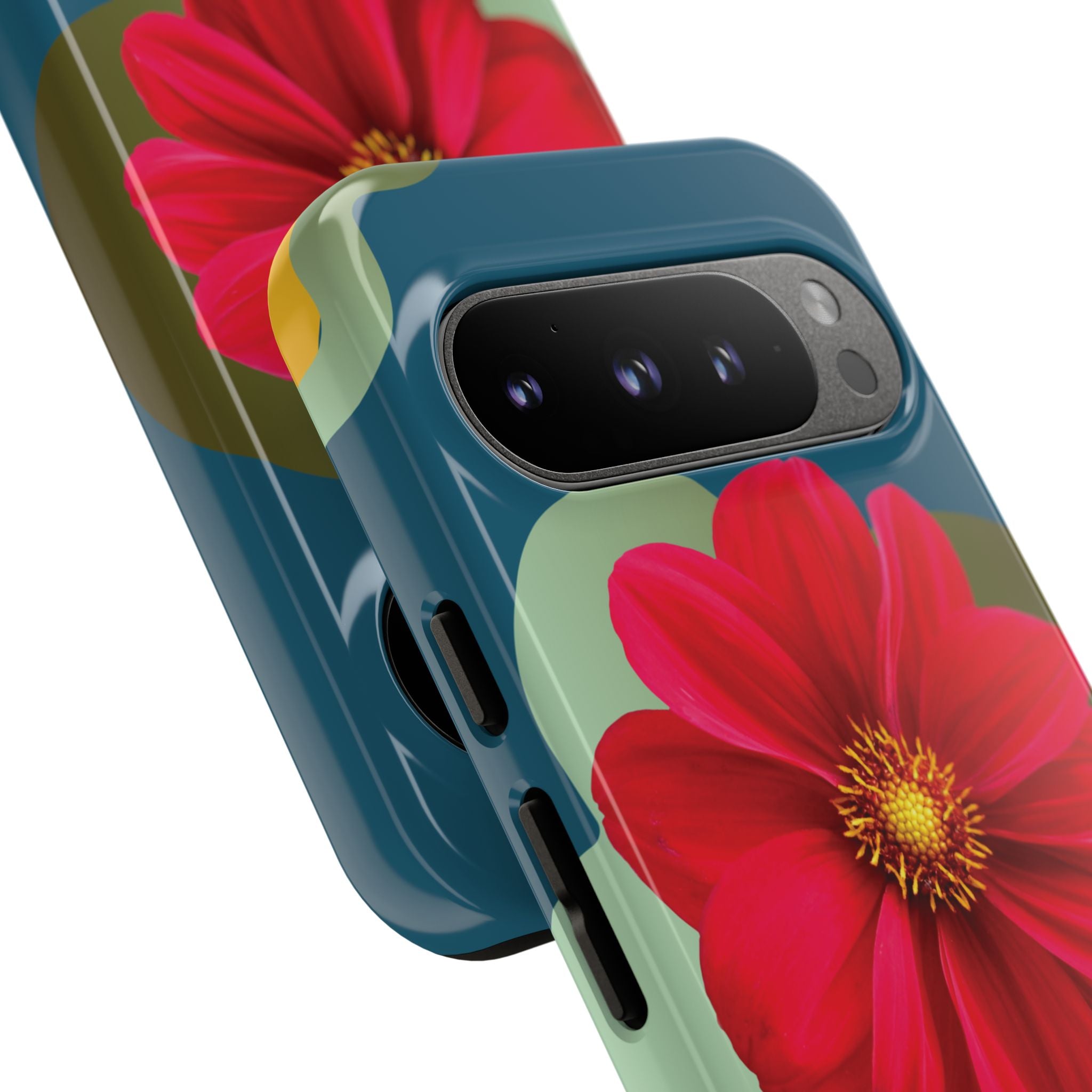 Floral Burst Tough Phone Case — Red Flower on Teal Protective Cover