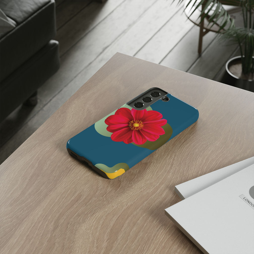 Floral Burst Tough Phone Case — Red Flower on Teal Protective Cover