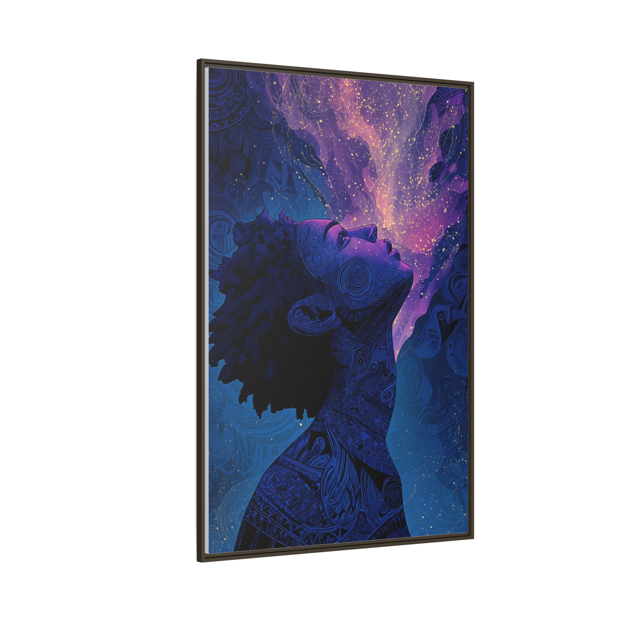 Cosmic Breath Portrait, Multicolor Galaxy Wall Print — Framed Matte Canvas Art