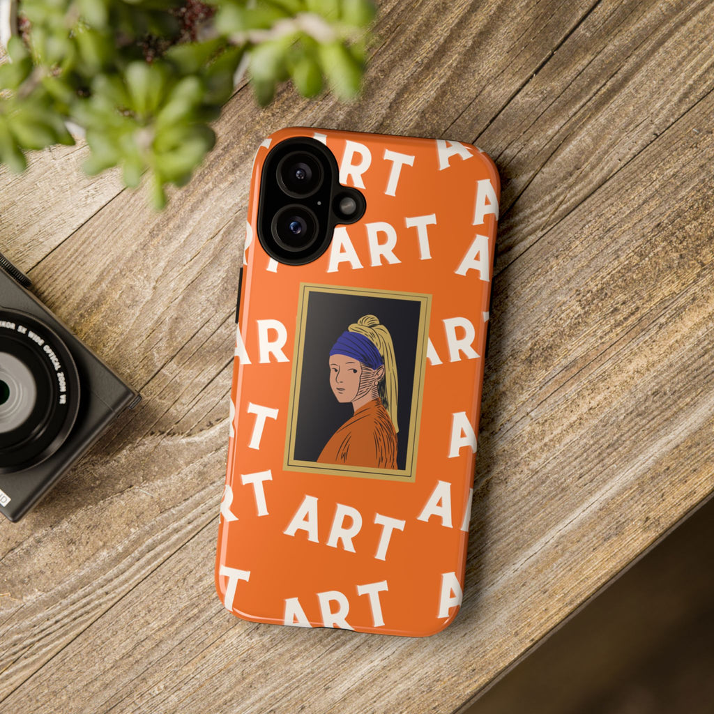 Bold Orange "ART" Pattern with Framed Girl with Pearl Earring Illustration