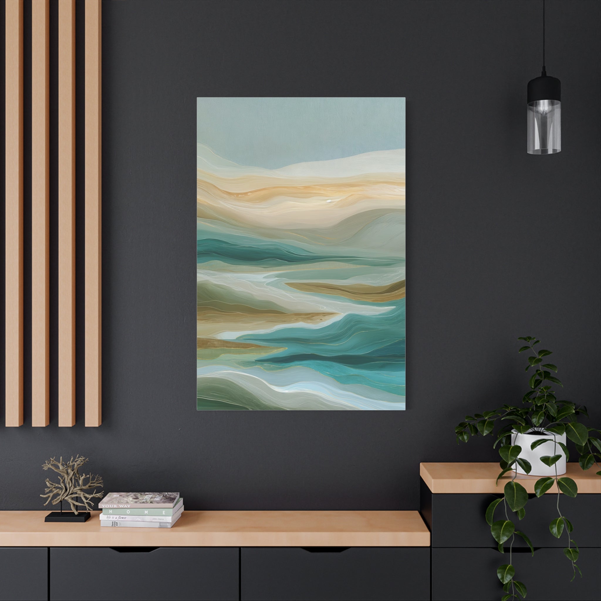 Coastal Abstract Matte Canvas Print — Teal & Sand Stretched Wall Art