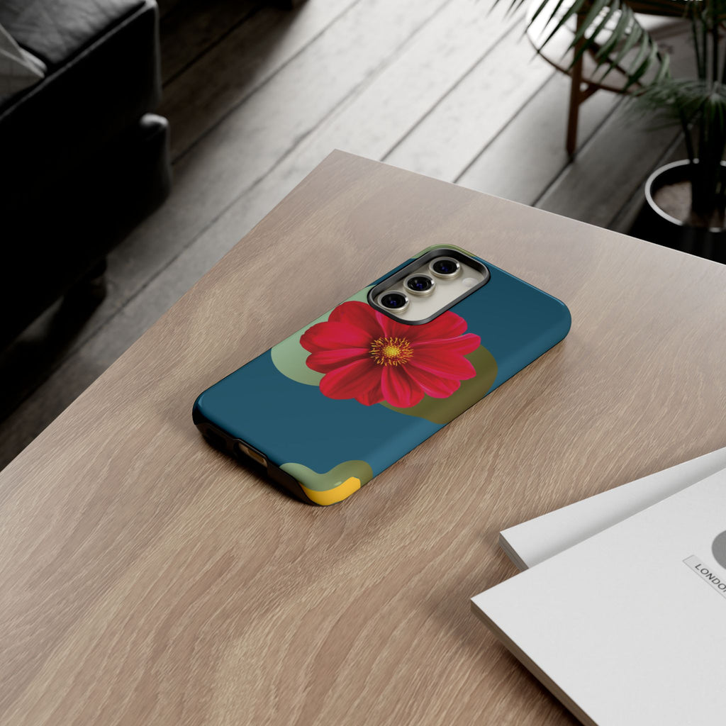 Floral Burst Tough Phone Case — Red Flower on Teal Protective Cover
