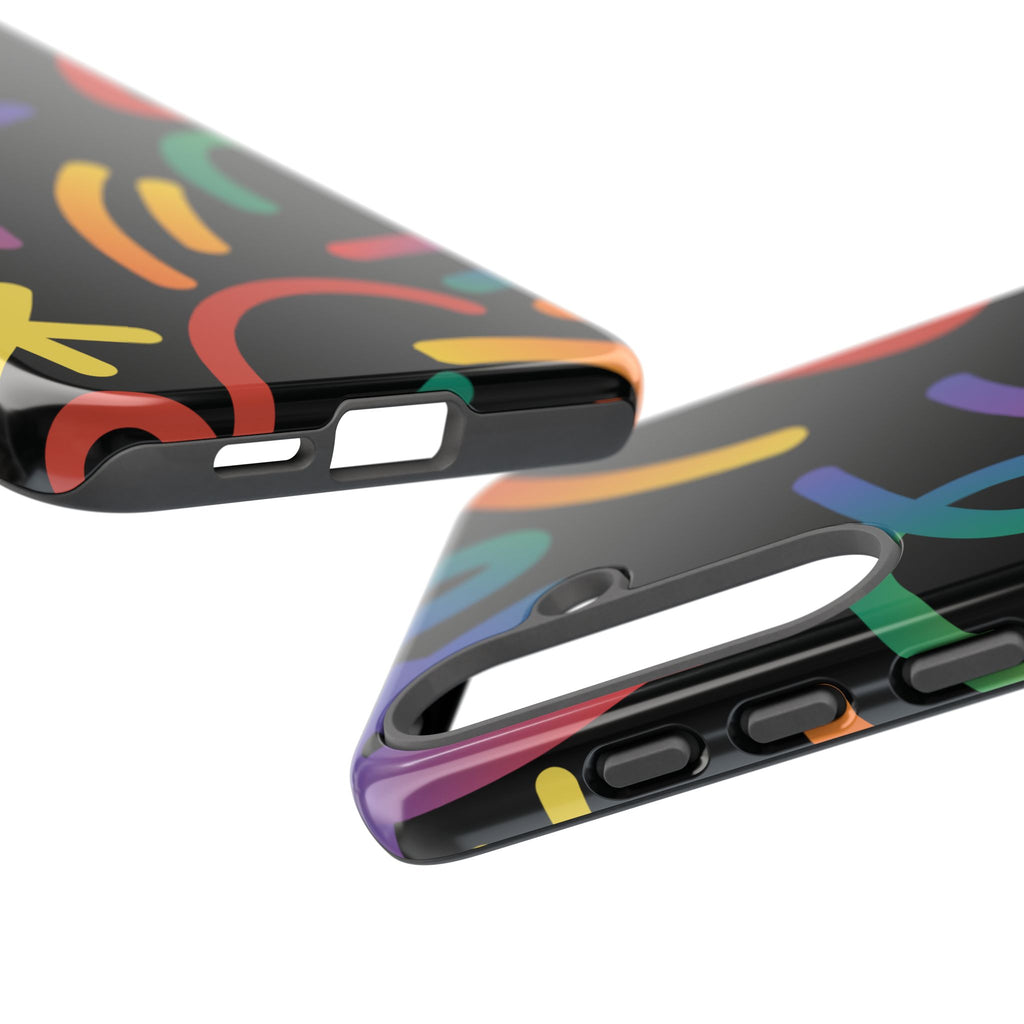 Colorful Doodle Tough Phone Case — Black Background Protective Cover