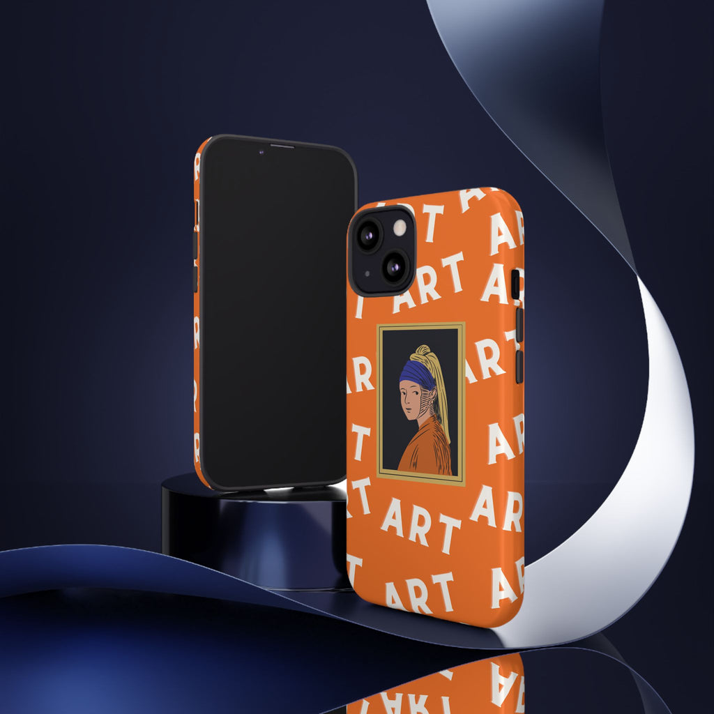 Bold Orange "ART" Pattern with Framed Girl with Pearl Earring Illustration
