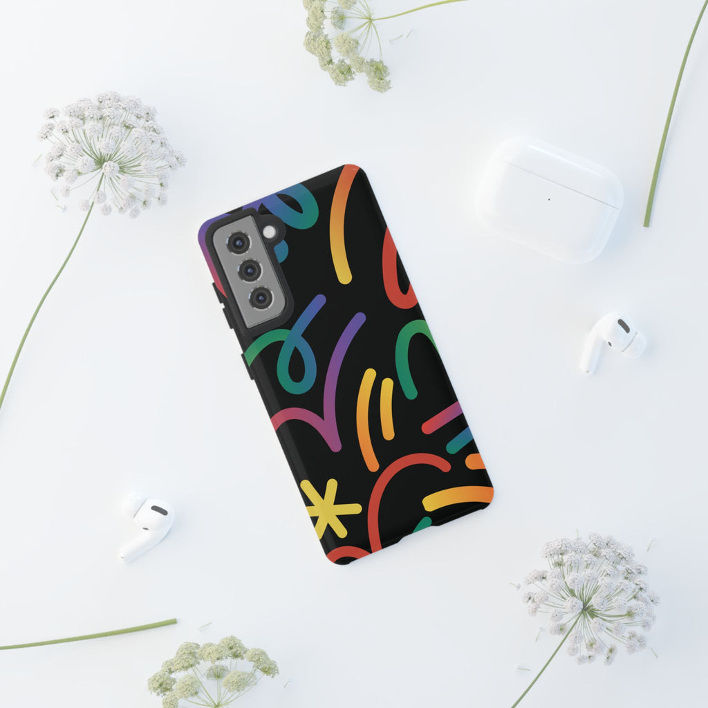 Colorful Doodle Tough Phone Case — Black Background Protective Cover