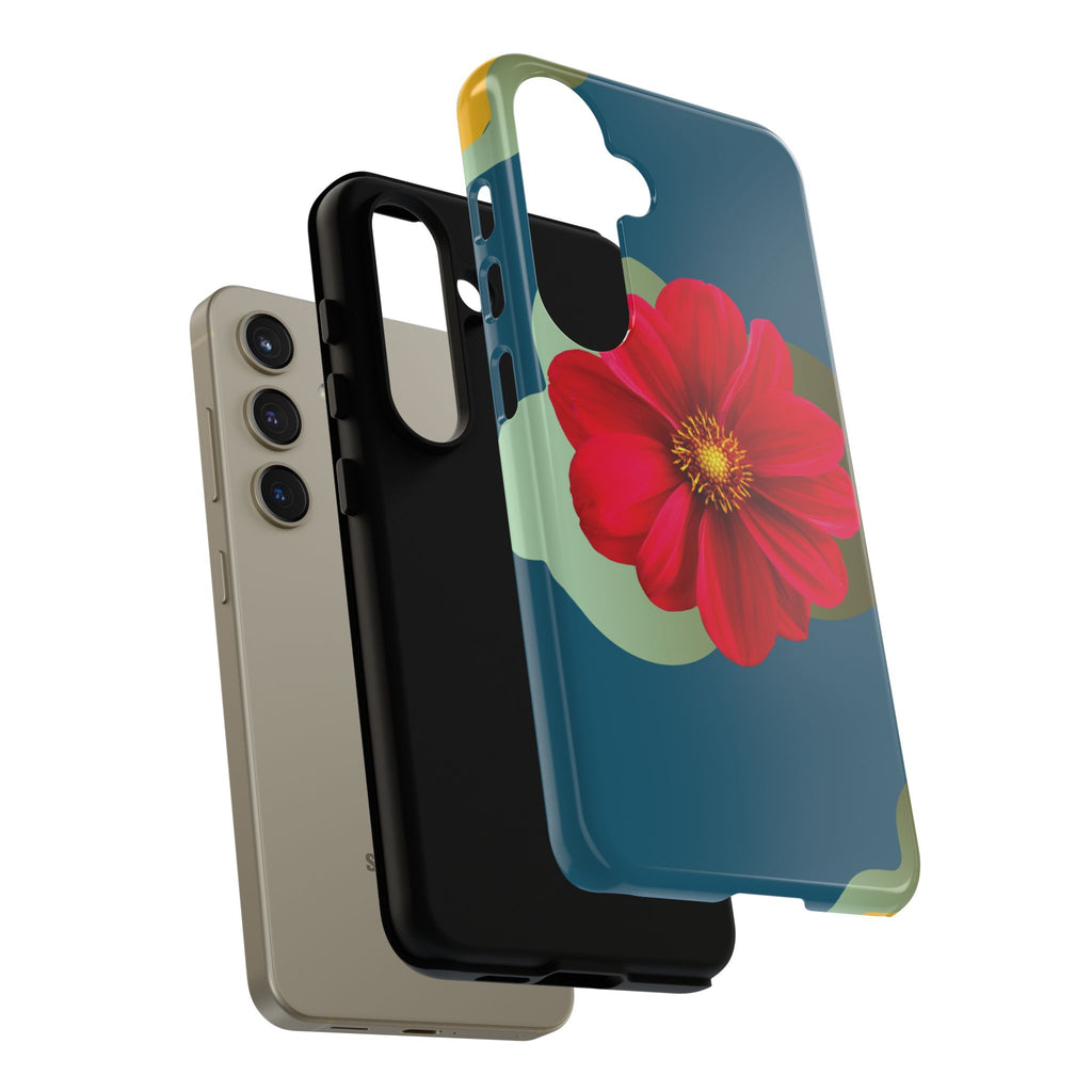 Floral Burst Tough Phone Case — Red Flower on Teal Protective Cover