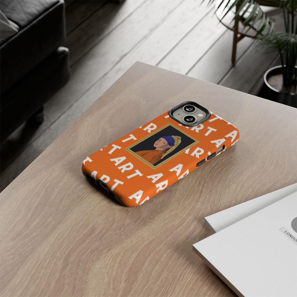 Bold Orange "ART" Pattern with Framed Girl with Pearl Earring Illustration