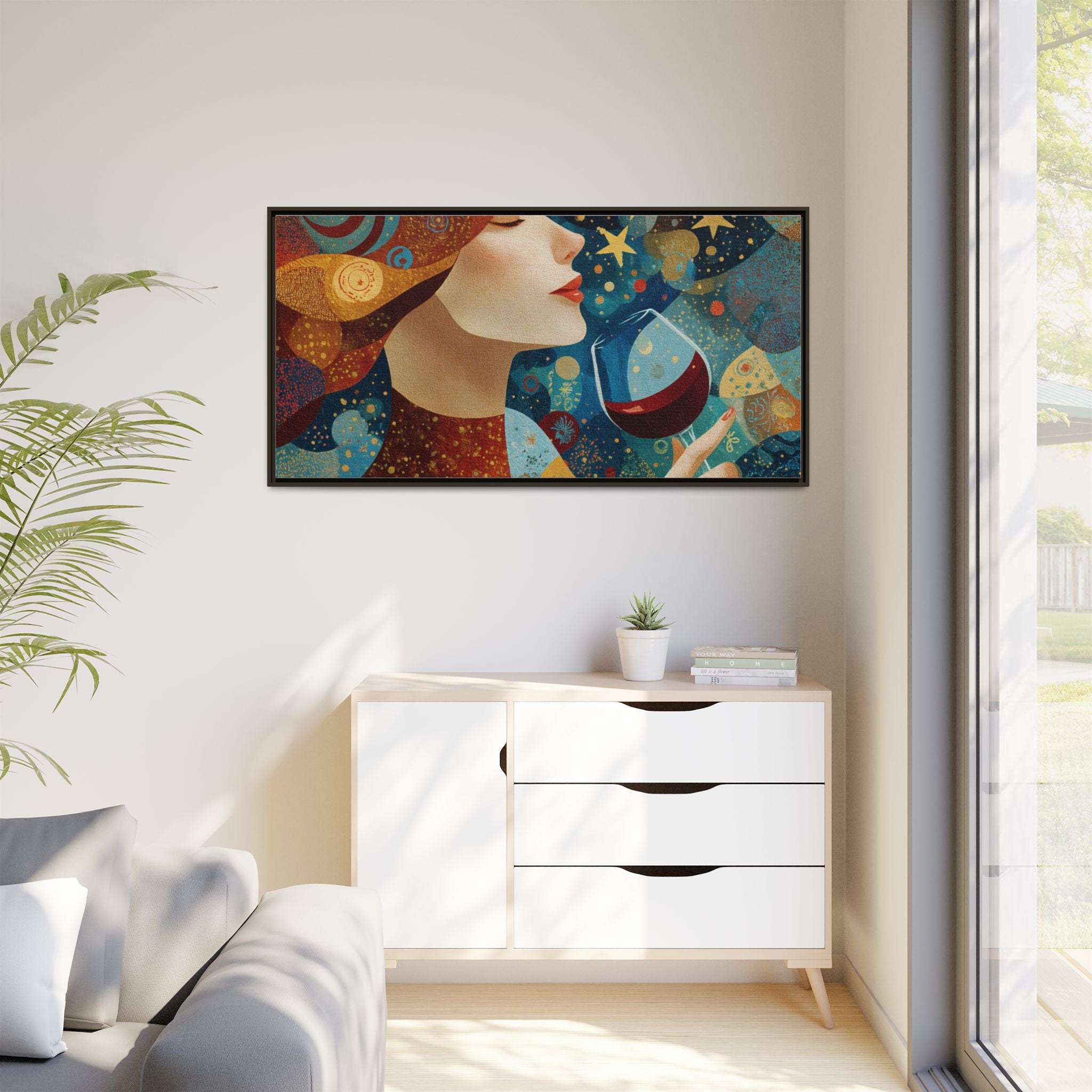 Wine Night Framed Canvas Art — Colorful Woman Drinking Wine Wall Decor