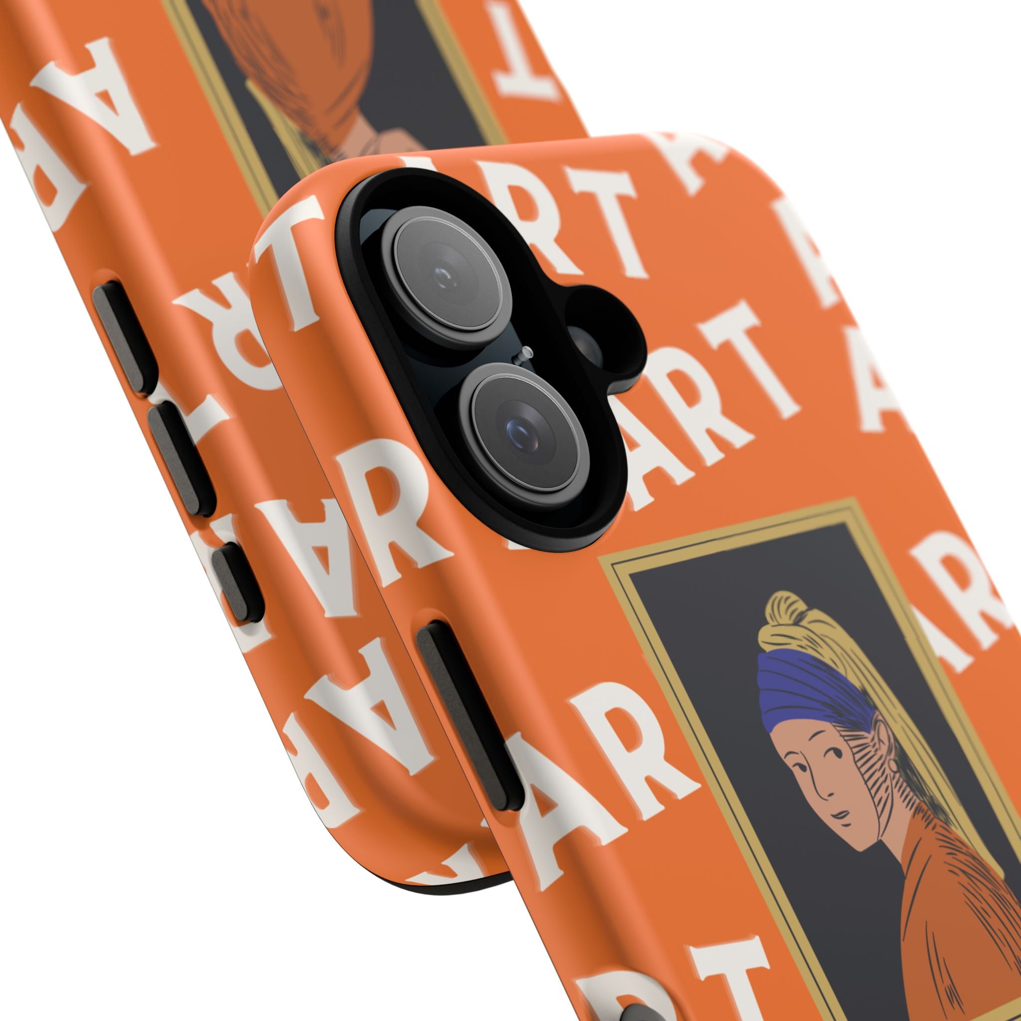 Bold Orange "ART" Pattern with Framed Girl with Pearl Earring Illustration