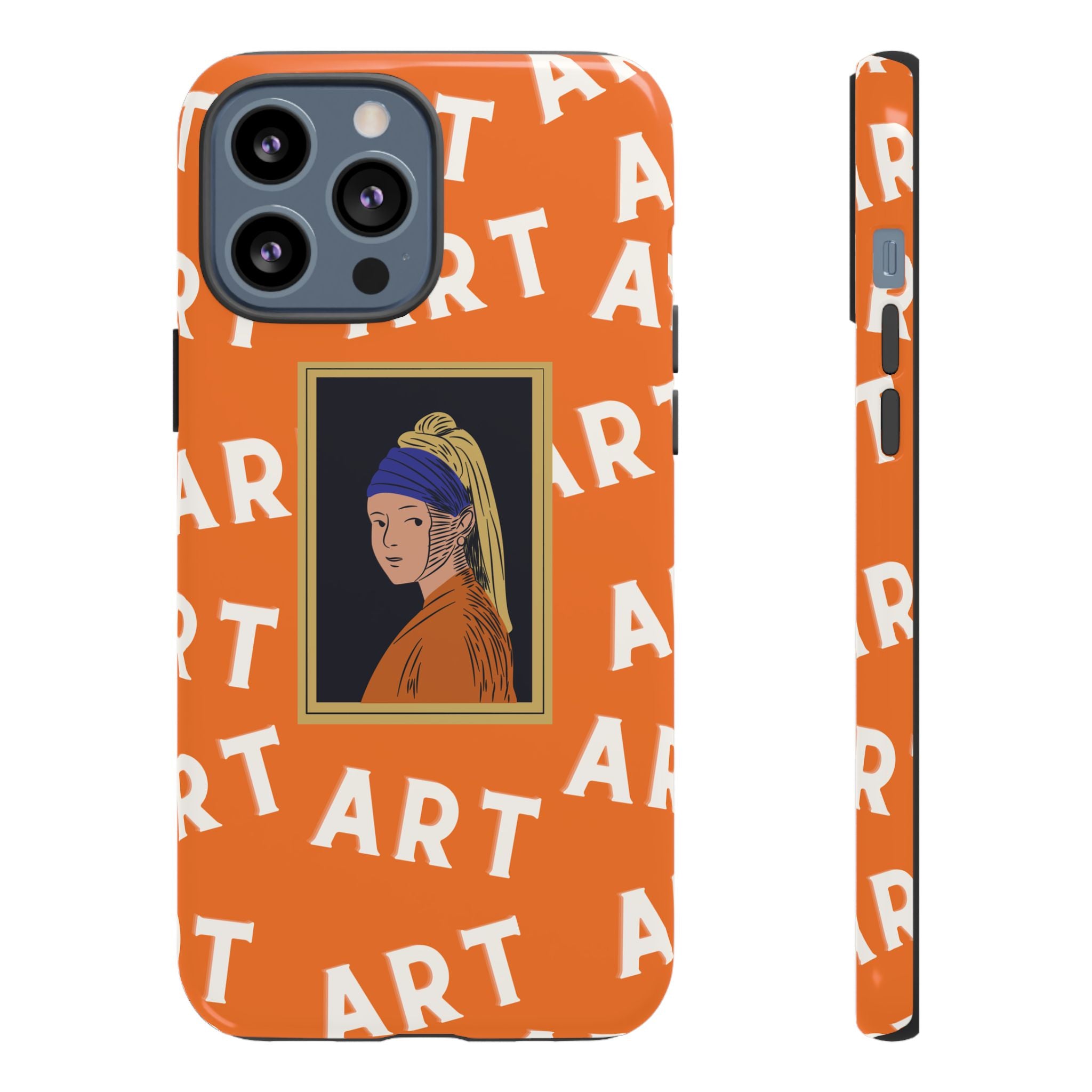 Bold Orange "ART" Pattern with Framed Girl with Pearl Earring Illustration