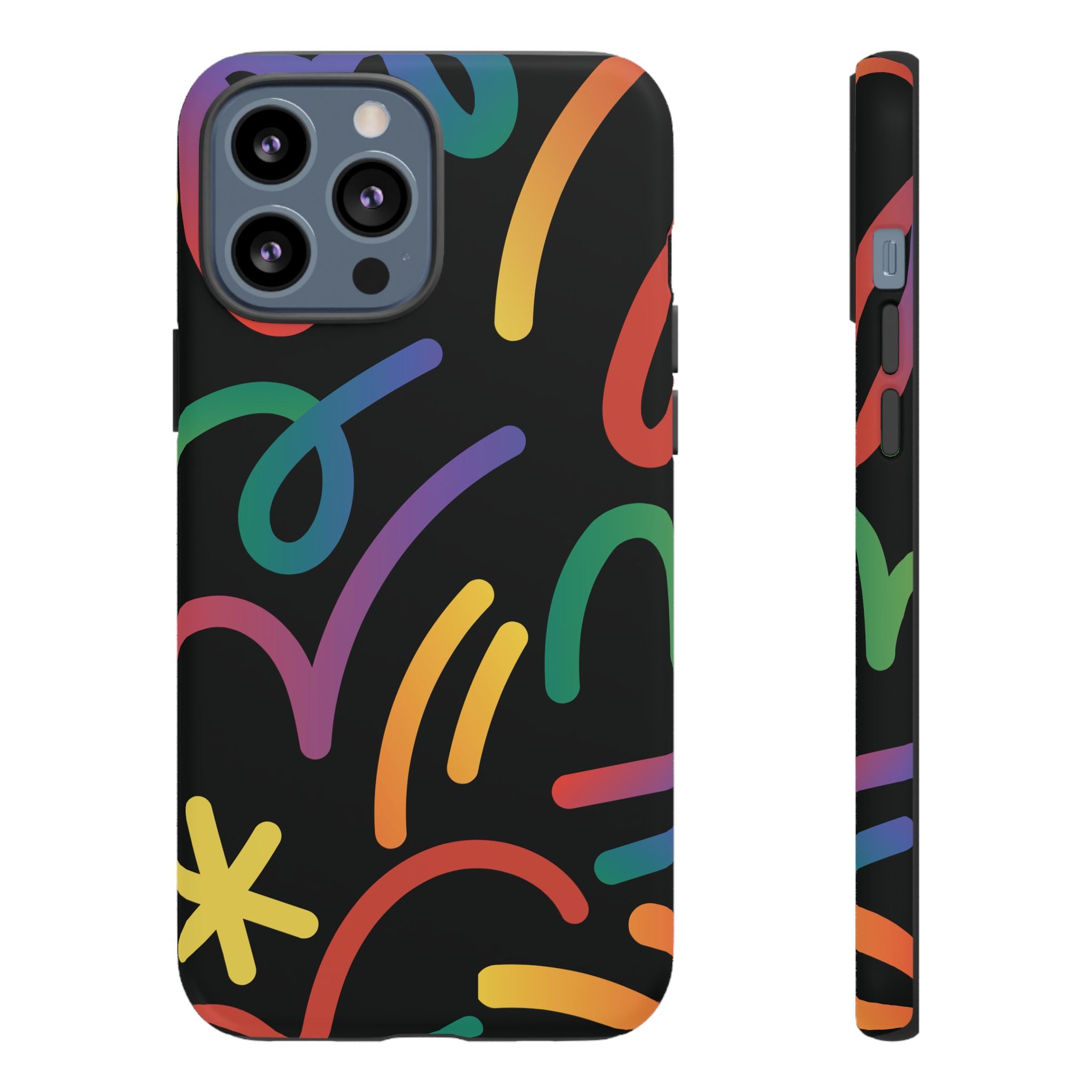 Colorful Doodle Tough Phone Case — Black Background Protective Cover