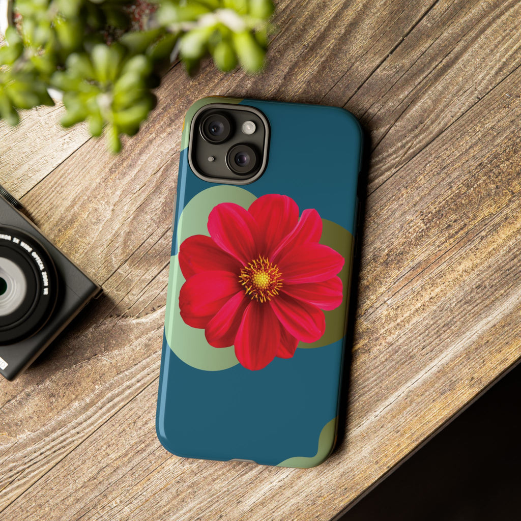 Floral Burst Tough Phone Case — Red Flower on Teal Protective Cover