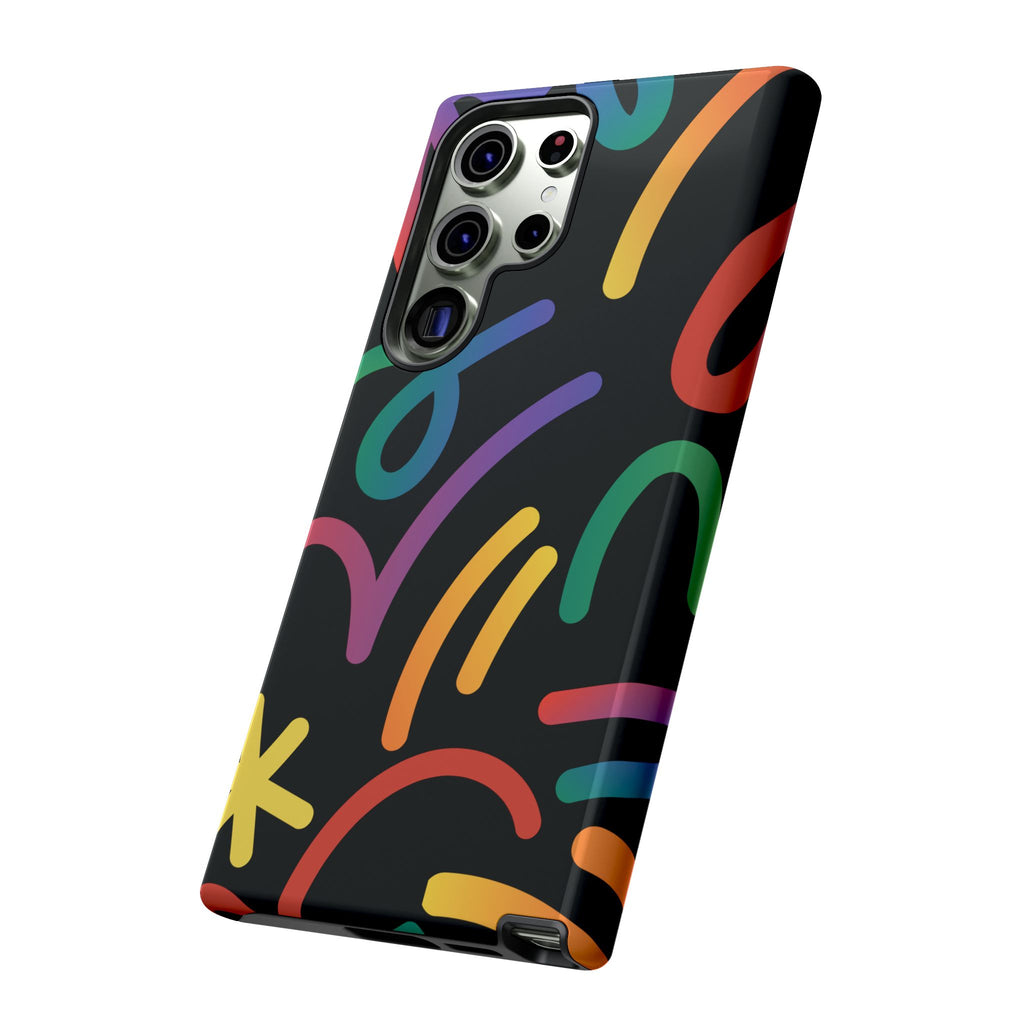 Colorful Doodle Tough Phone Case — Black Background Protective Cover