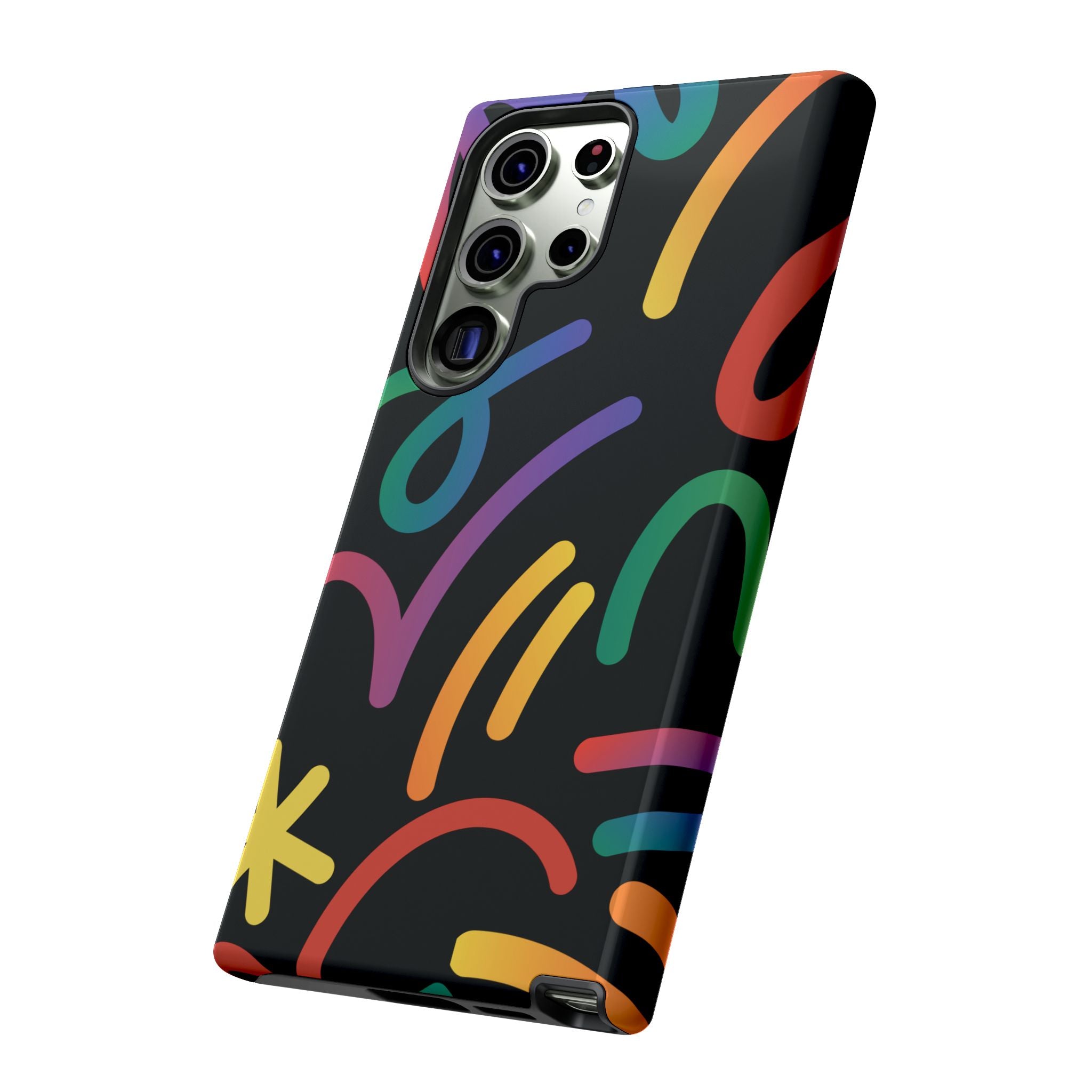 Colorful Doodle Tough Phone Case — Black Background Protective Cover