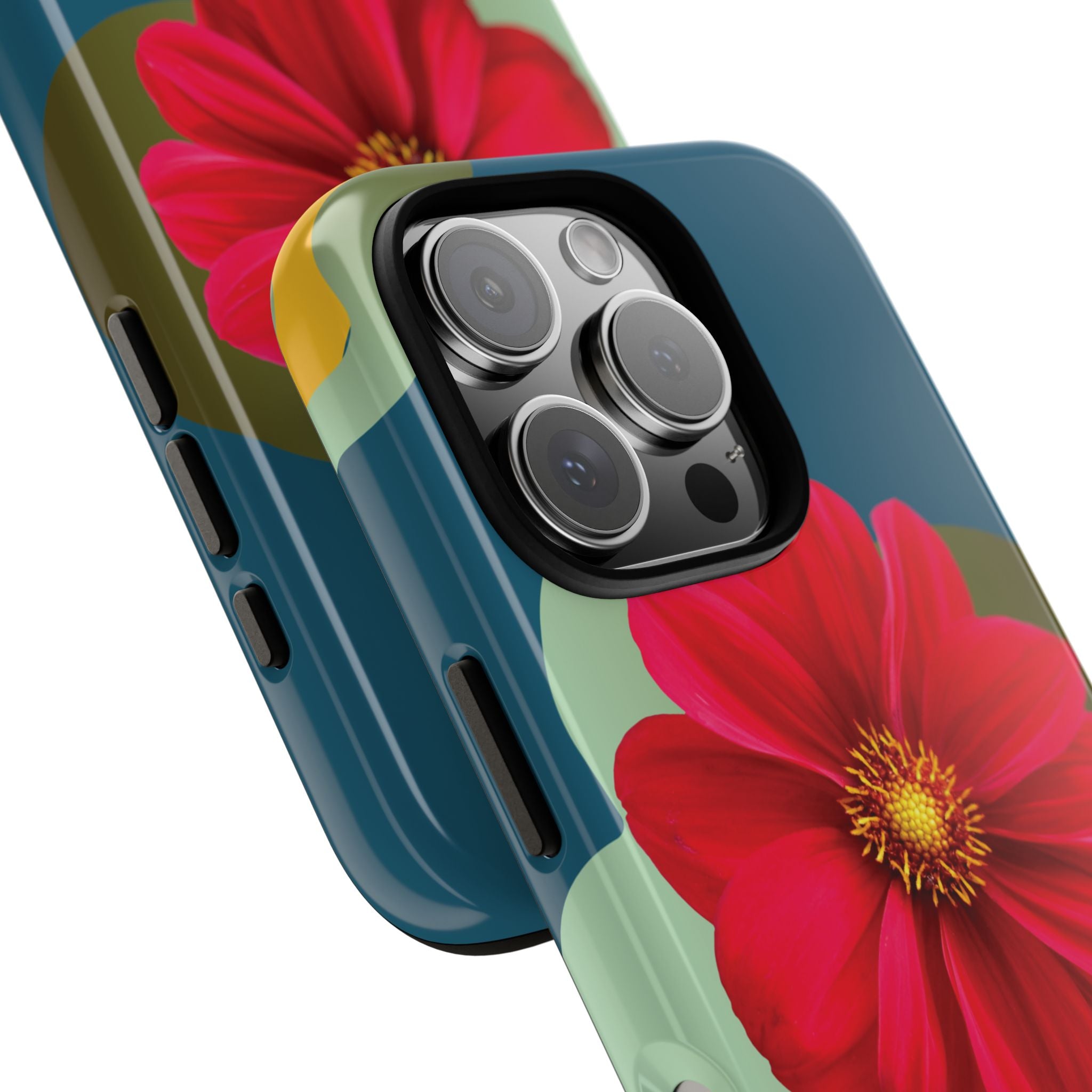 Floral Burst Tough Phone Case — Red Flower on Teal Protective Cover