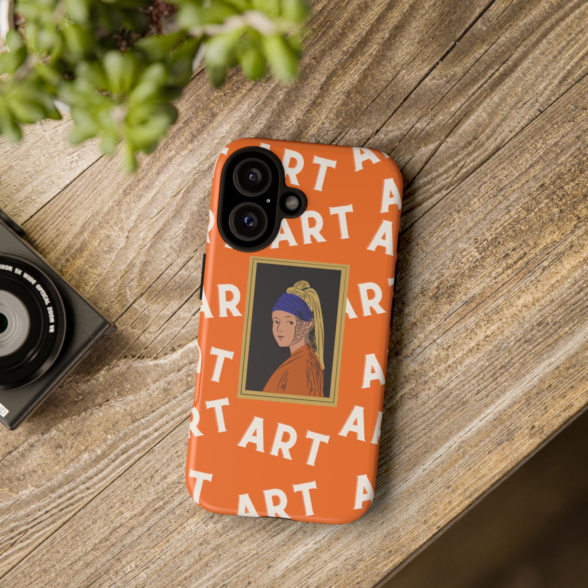 Bold Orange "ART" Pattern with Framed Girl with Pearl Earring Illustration