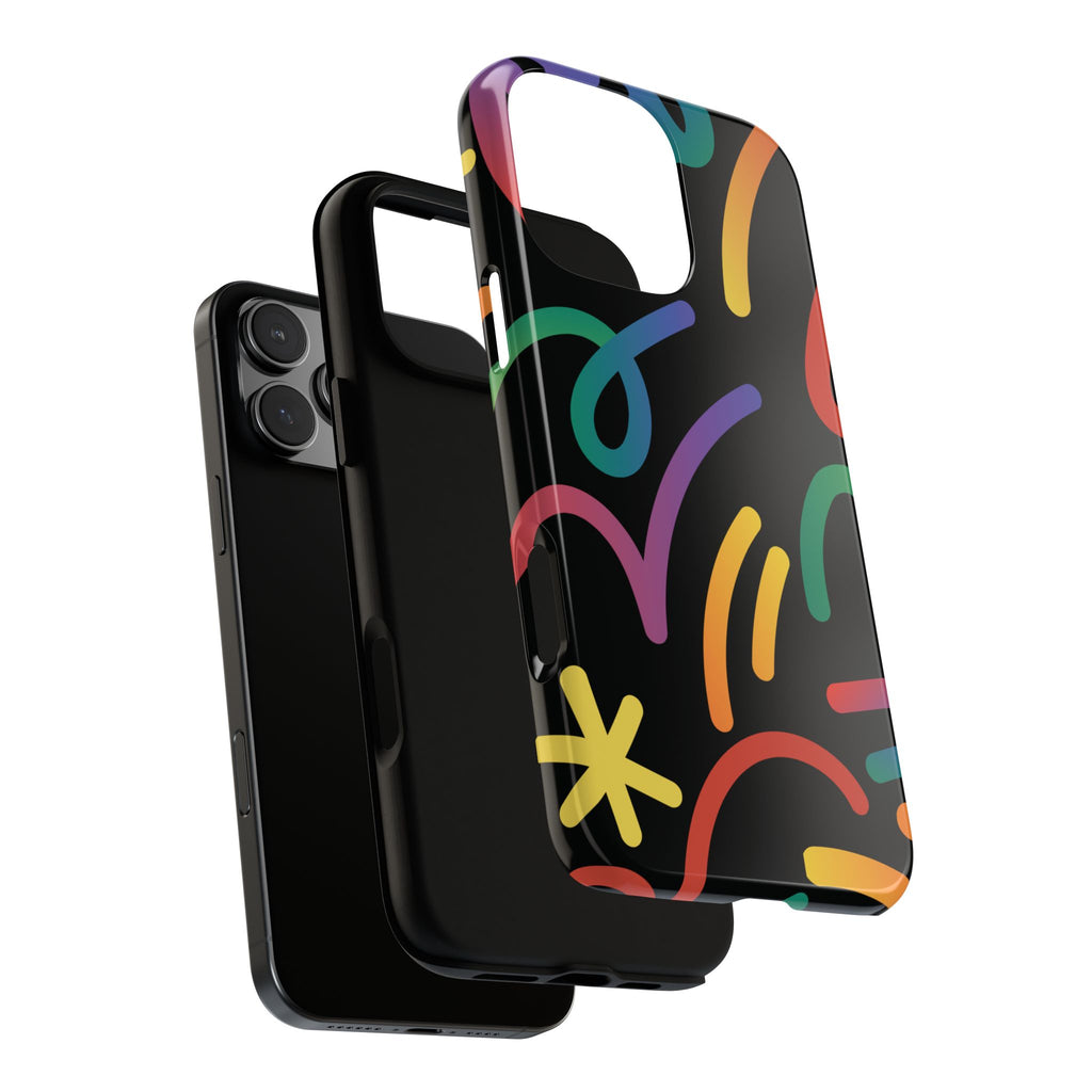 Colorful Doodle Tough Phone Case — Black Background Protective Cover