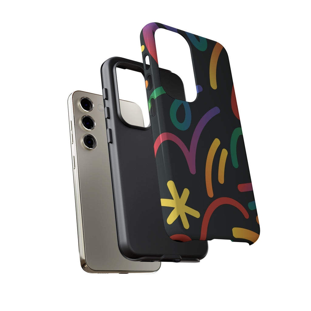 Colorful Doodle Tough Phone Case — Black Background Protective Cover