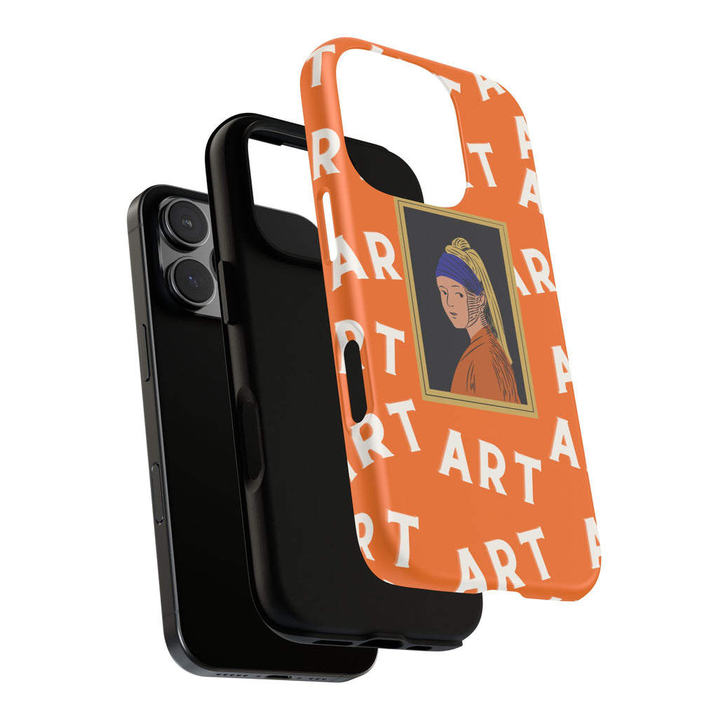 Bold Orange "ART" Pattern with Framed Girl with Pearl Earring Illustration