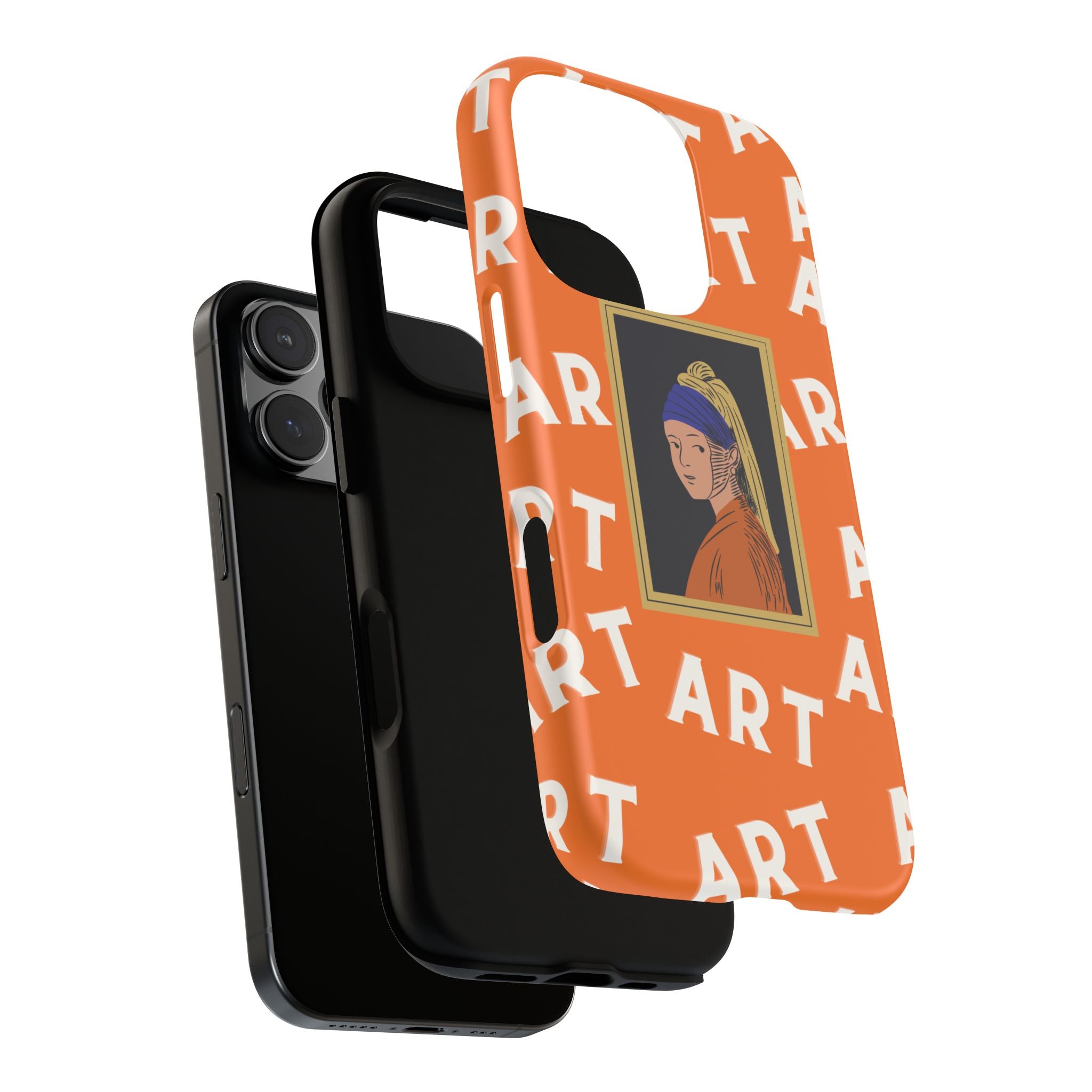 Bold Orange "ART" Pattern with Framed Girl with Pearl Earring Illustration