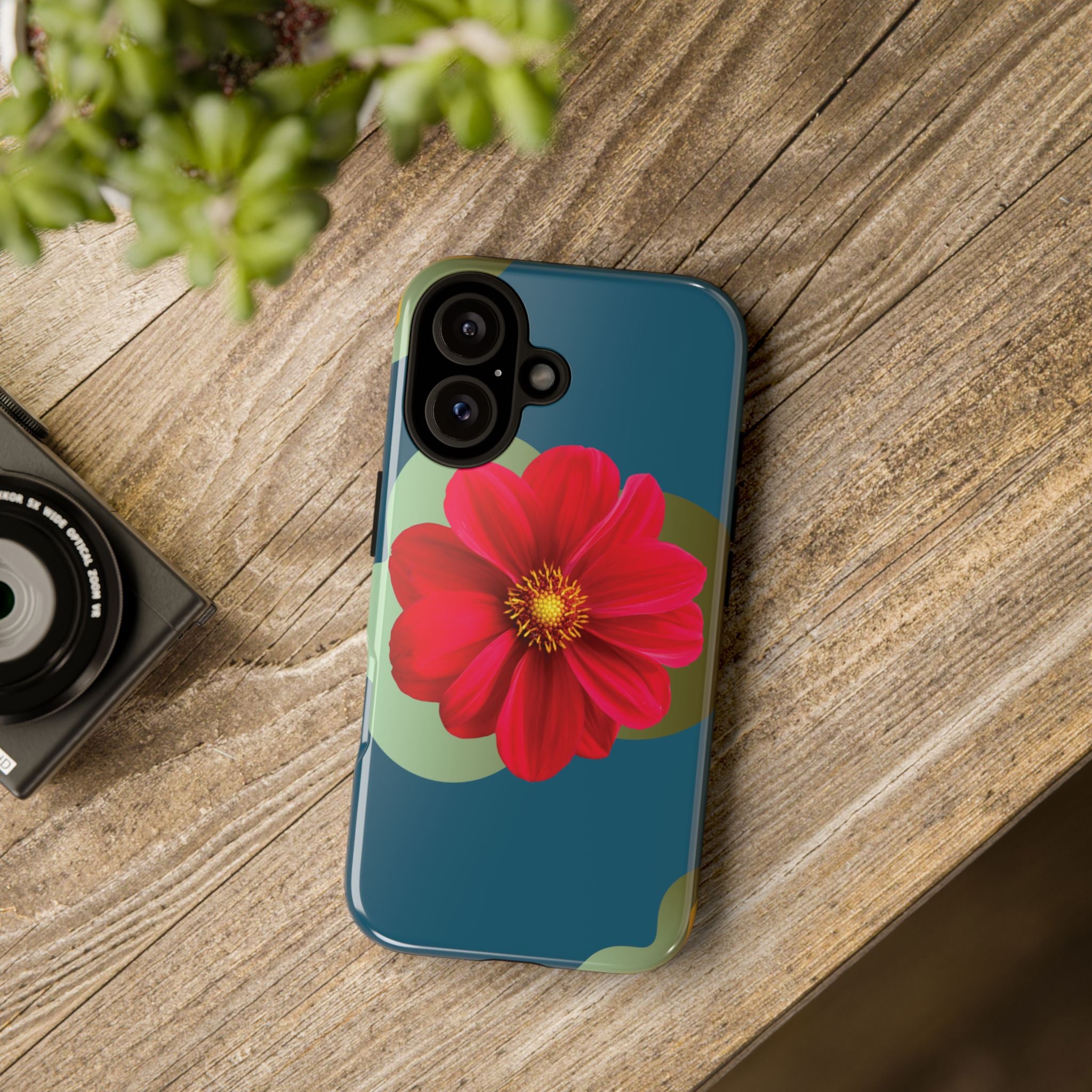 Floral Burst Tough Phone Case — Red Flower on Teal Protective Cover