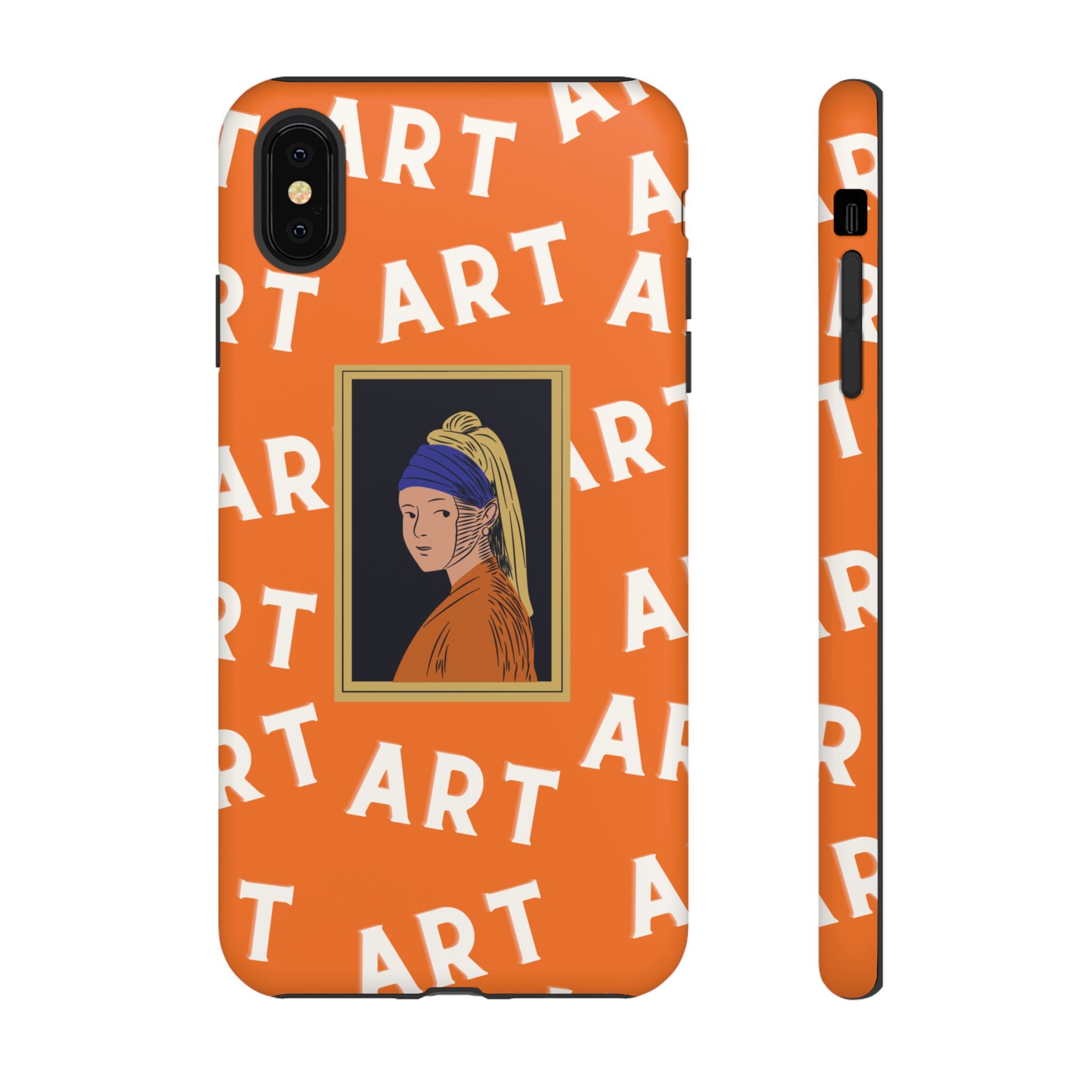 Bold Orange "ART" Pattern with Framed Girl with Pearl Earring Illustration