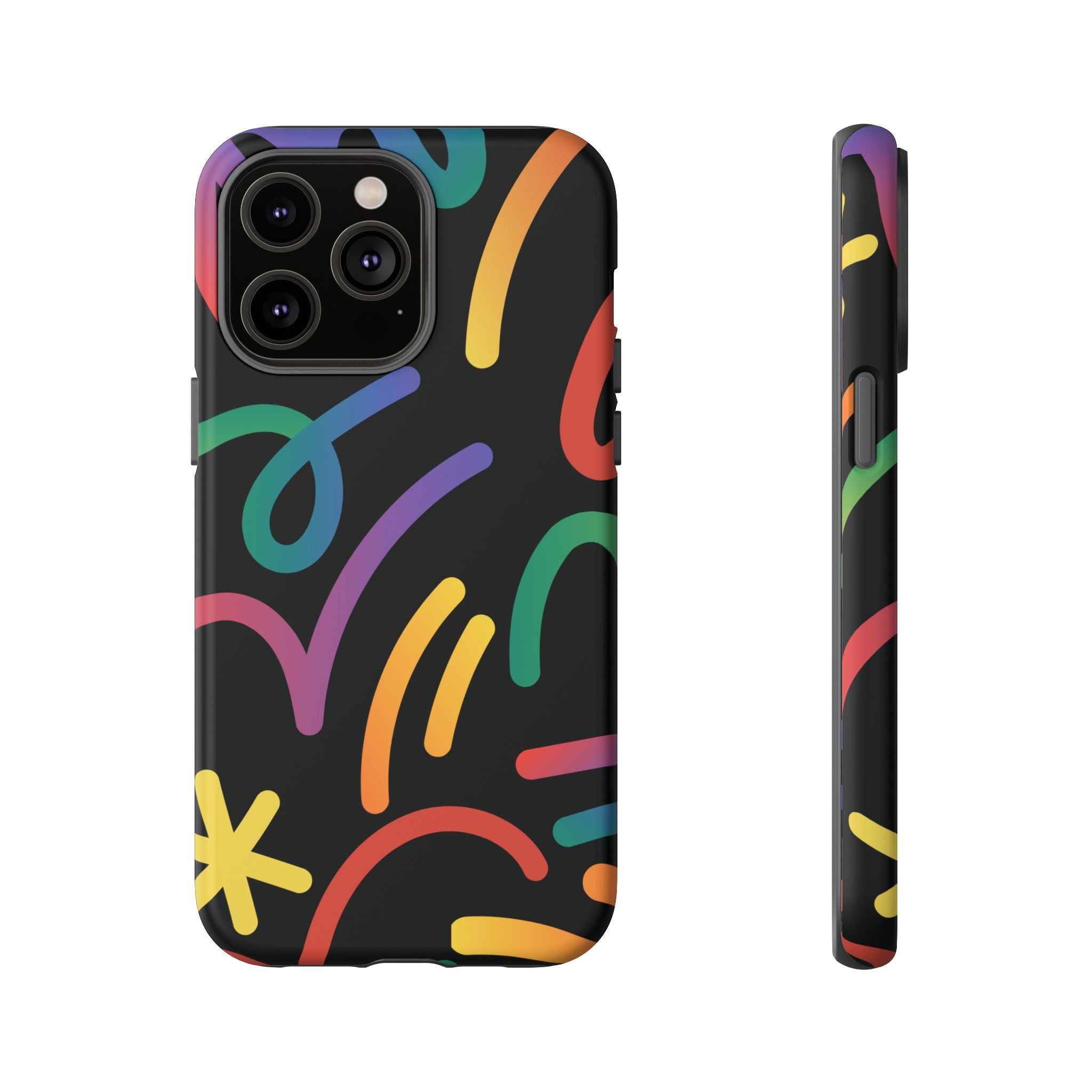 Colorful Doodle Tough Phone Case — Black Background Protective Cover