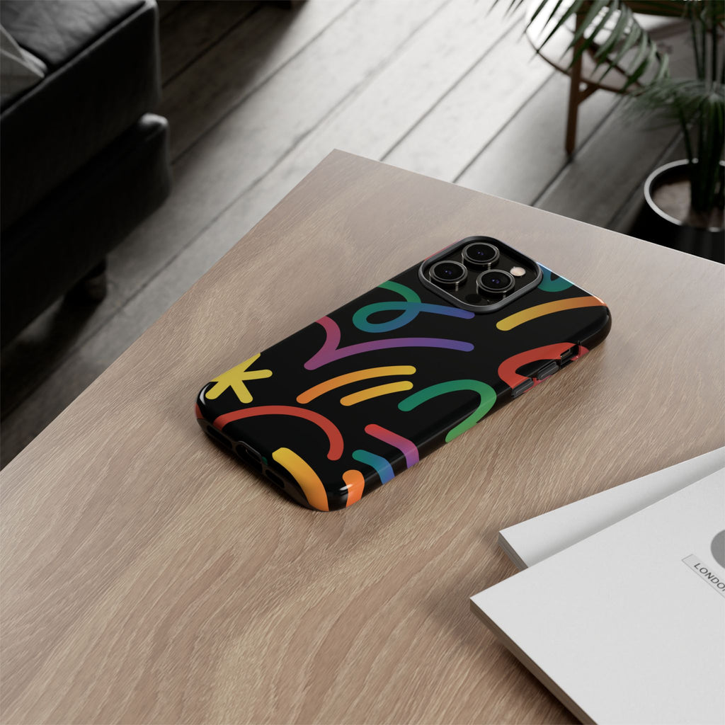 Colorful Doodle Tough Phone Case — Black Background Protective Cover