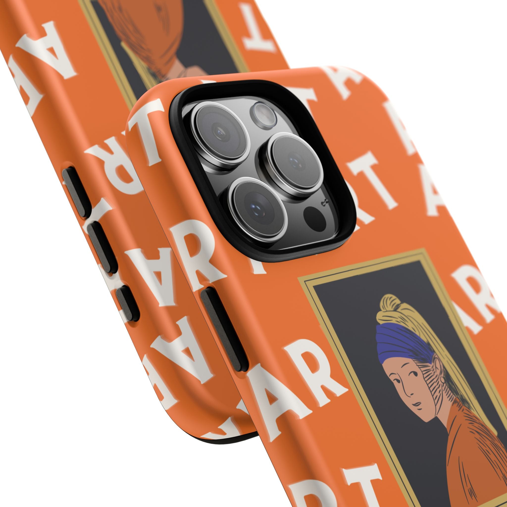 Bold Orange "ART" Pattern with Framed Girl with Pearl Earring Illustration