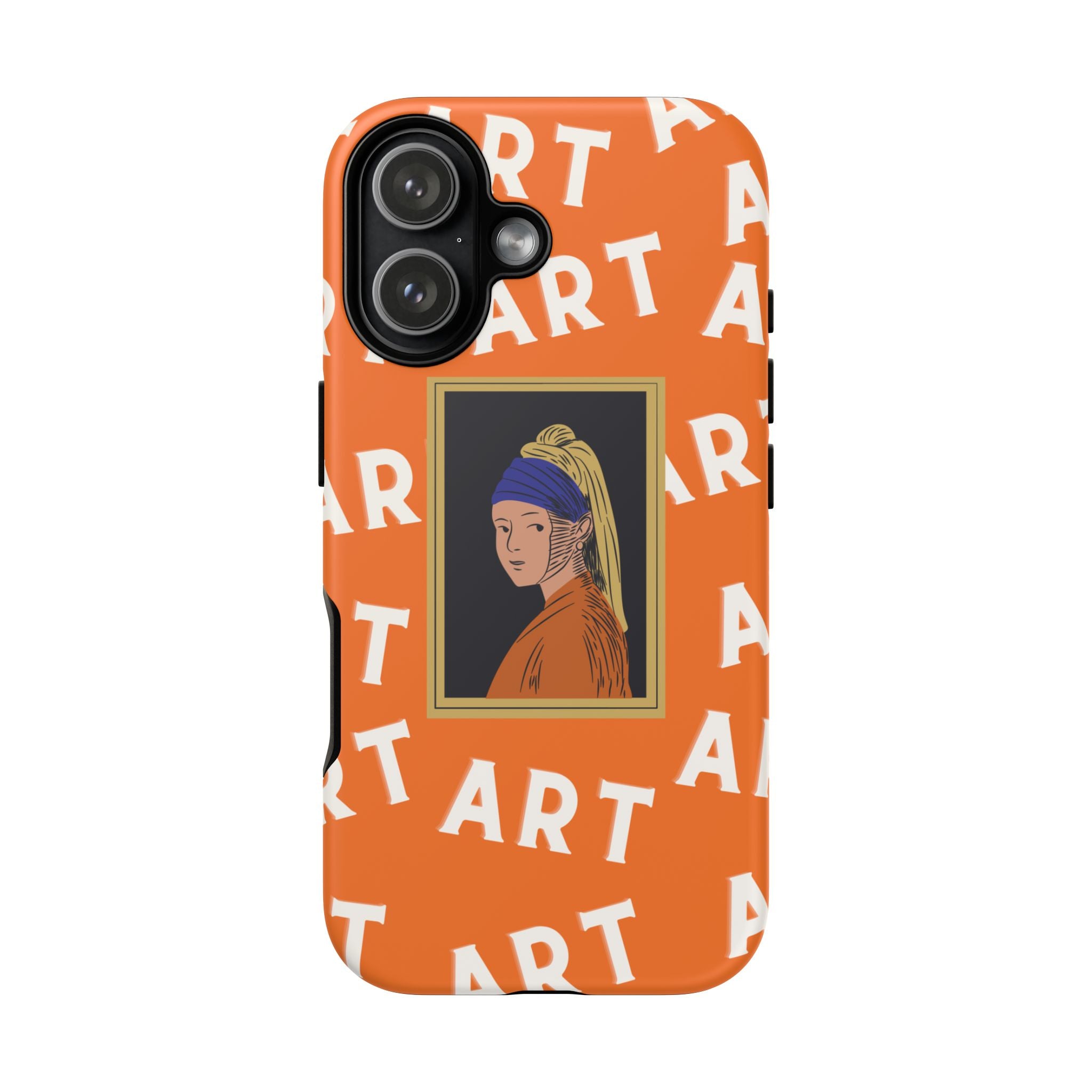 Bold Orange "ART" Pattern with Framed Girl with Pearl Earring Illustration