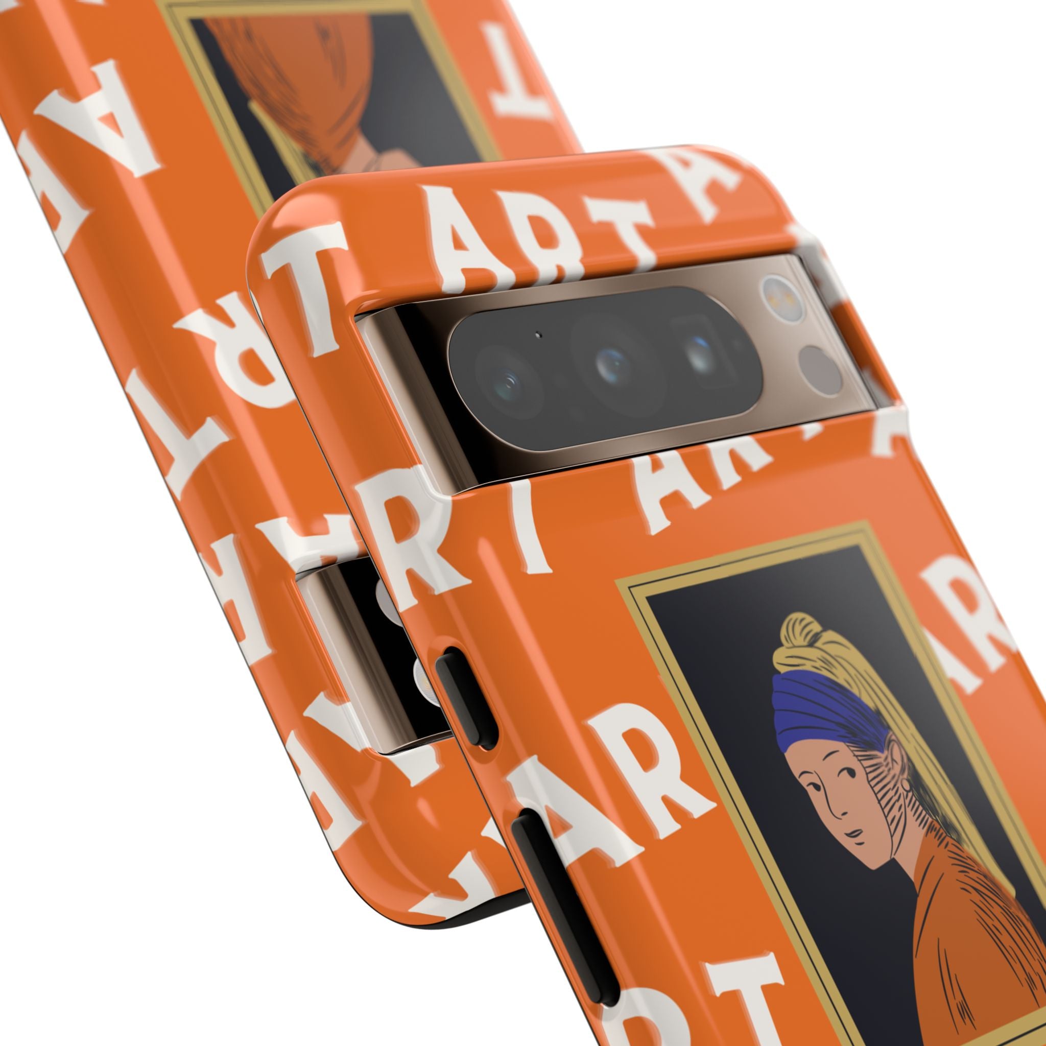 Bold Orange "ART" Pattern with Framed Girl with Pearl Earring Illustration