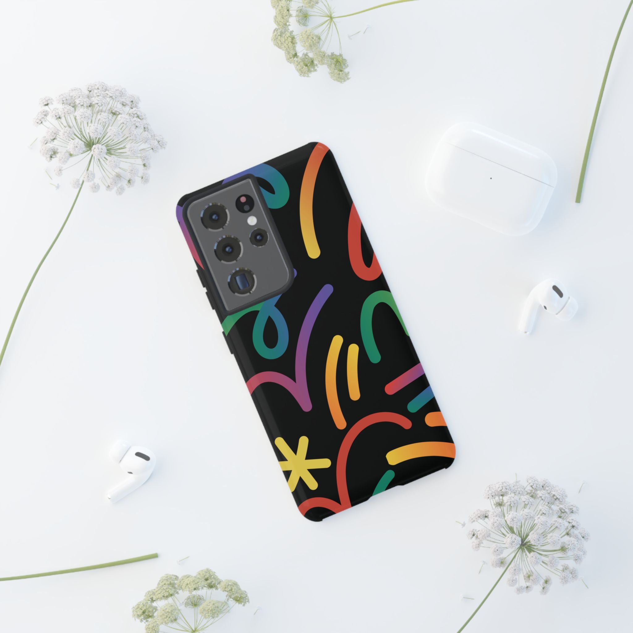 Colorful Doodle Tough Phone Case — Black Background Protective Cover