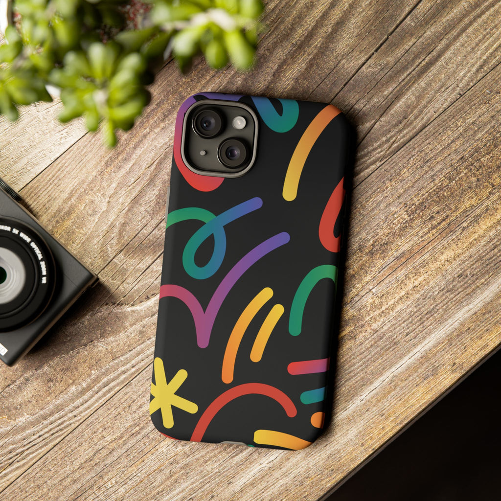 Colorful Doodle Tough Phone Case — Black Background Protective Cover