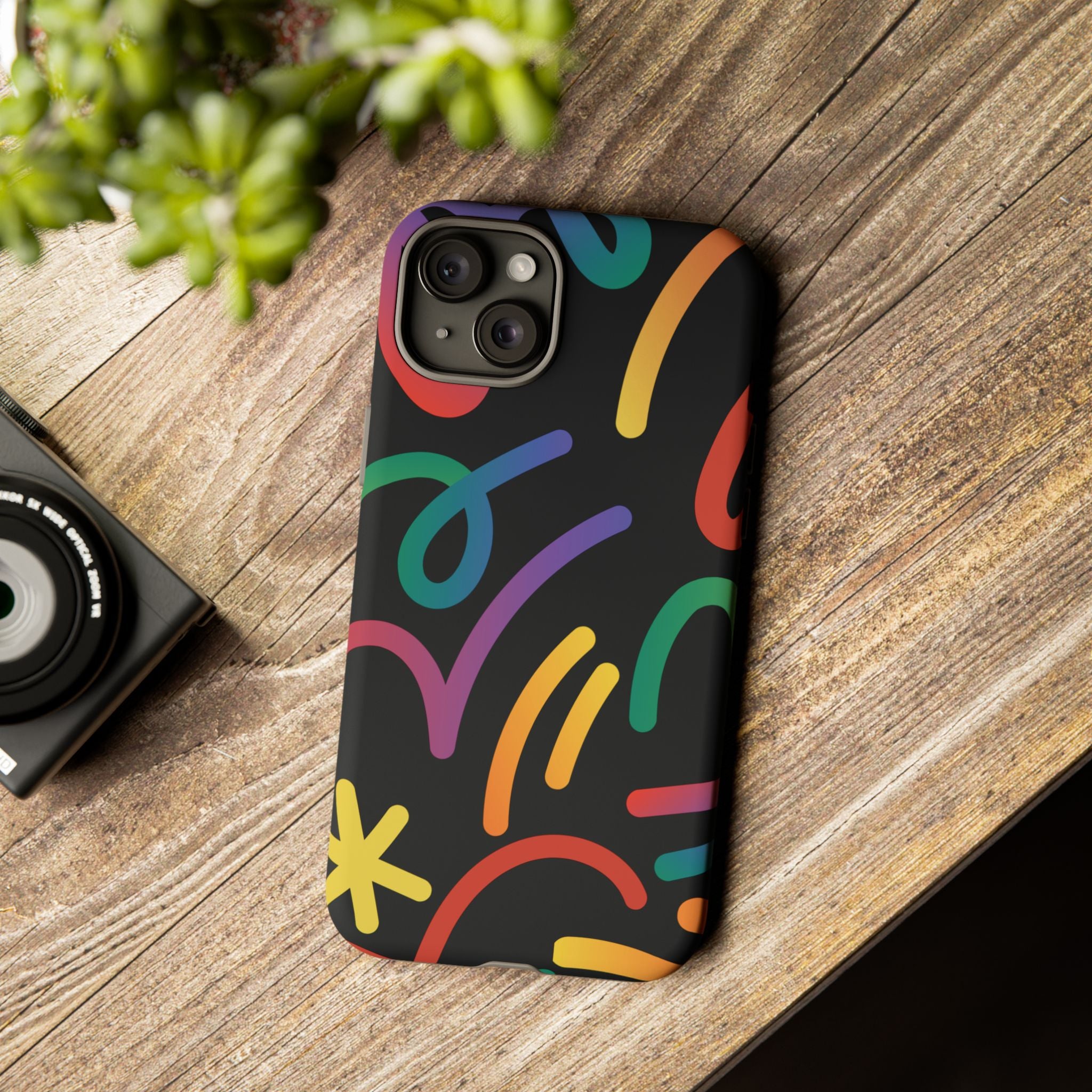 Colorful Doodle Tough Phone Case — Black Background Protective Cover