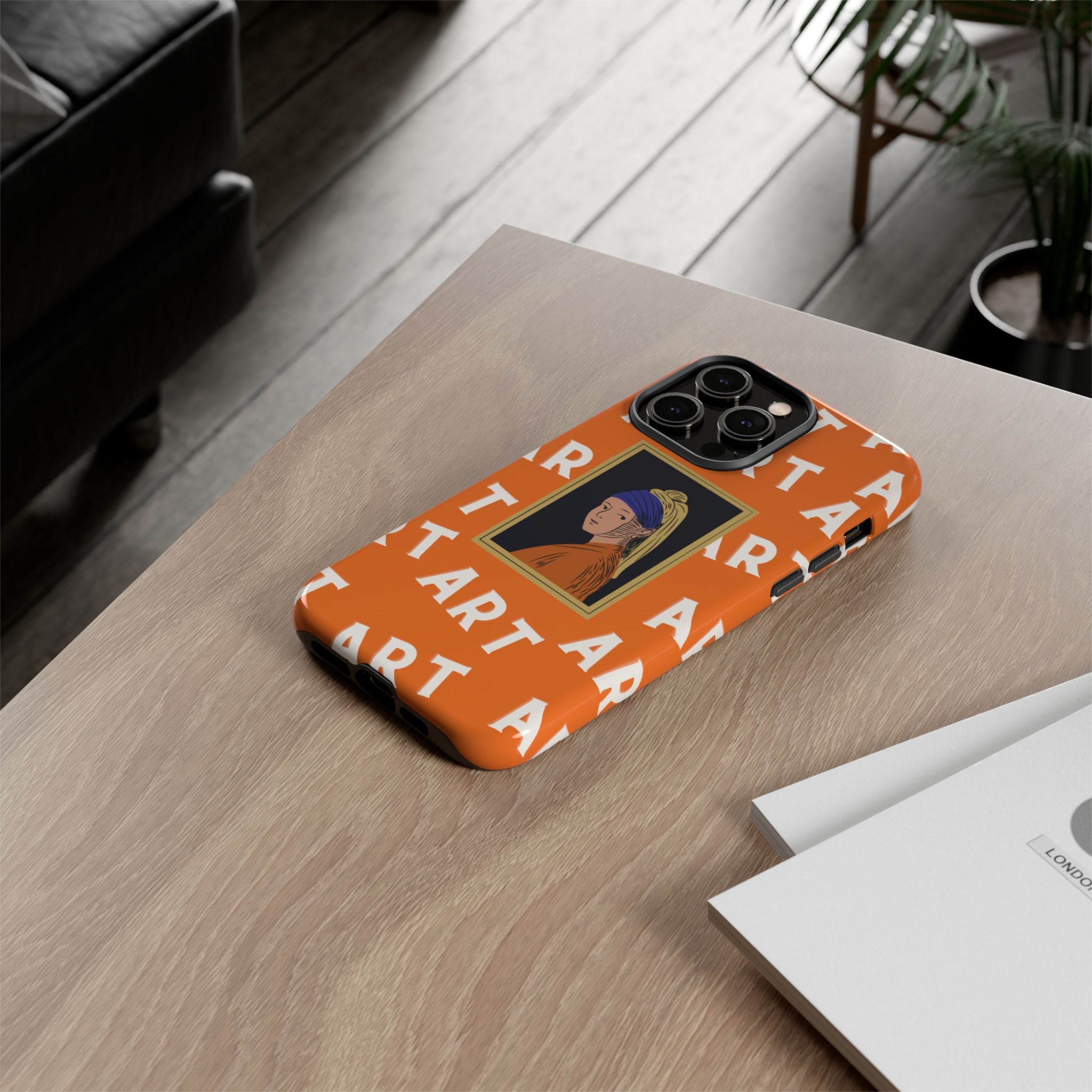 Bold Orange "ART" Pattern with Framed Girl with Pearl Earring Illustration