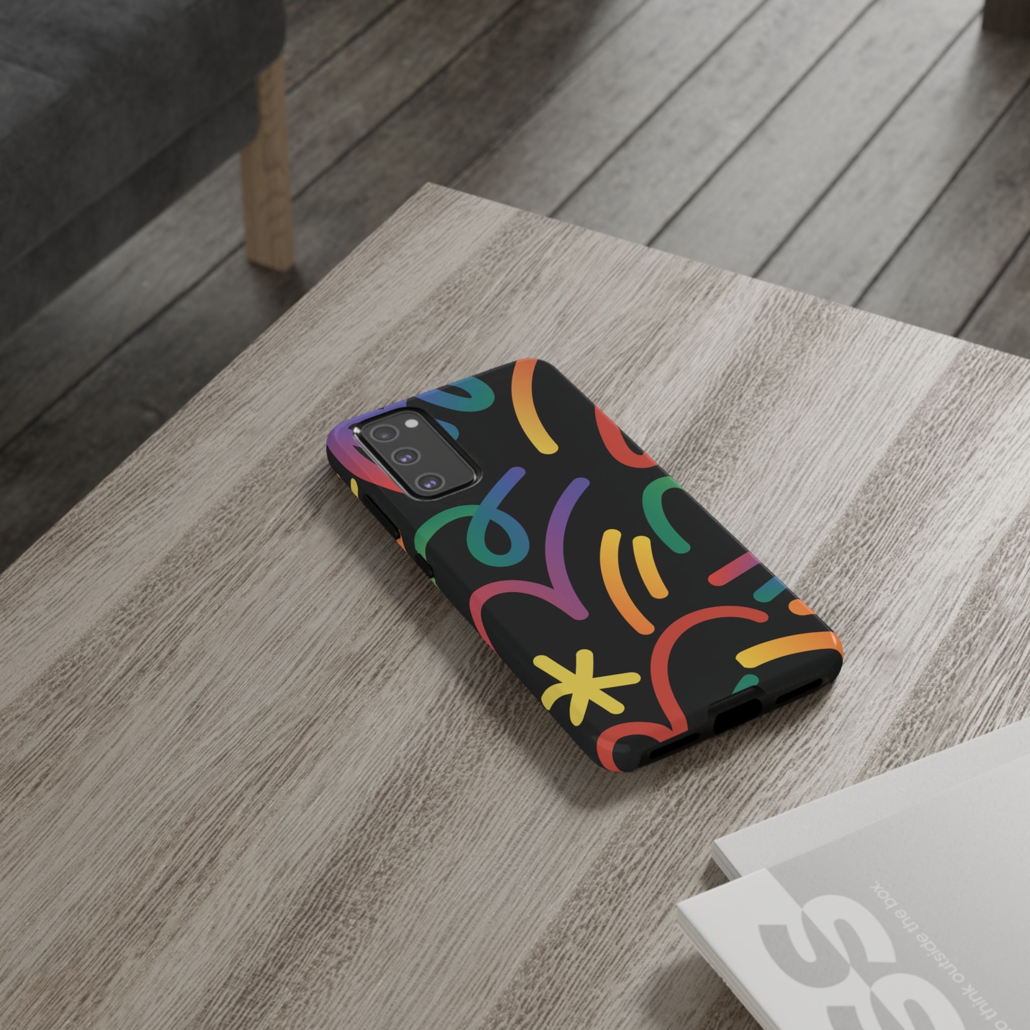 Colorful Doodle Tough Phone Case — Black Background Protective Cover