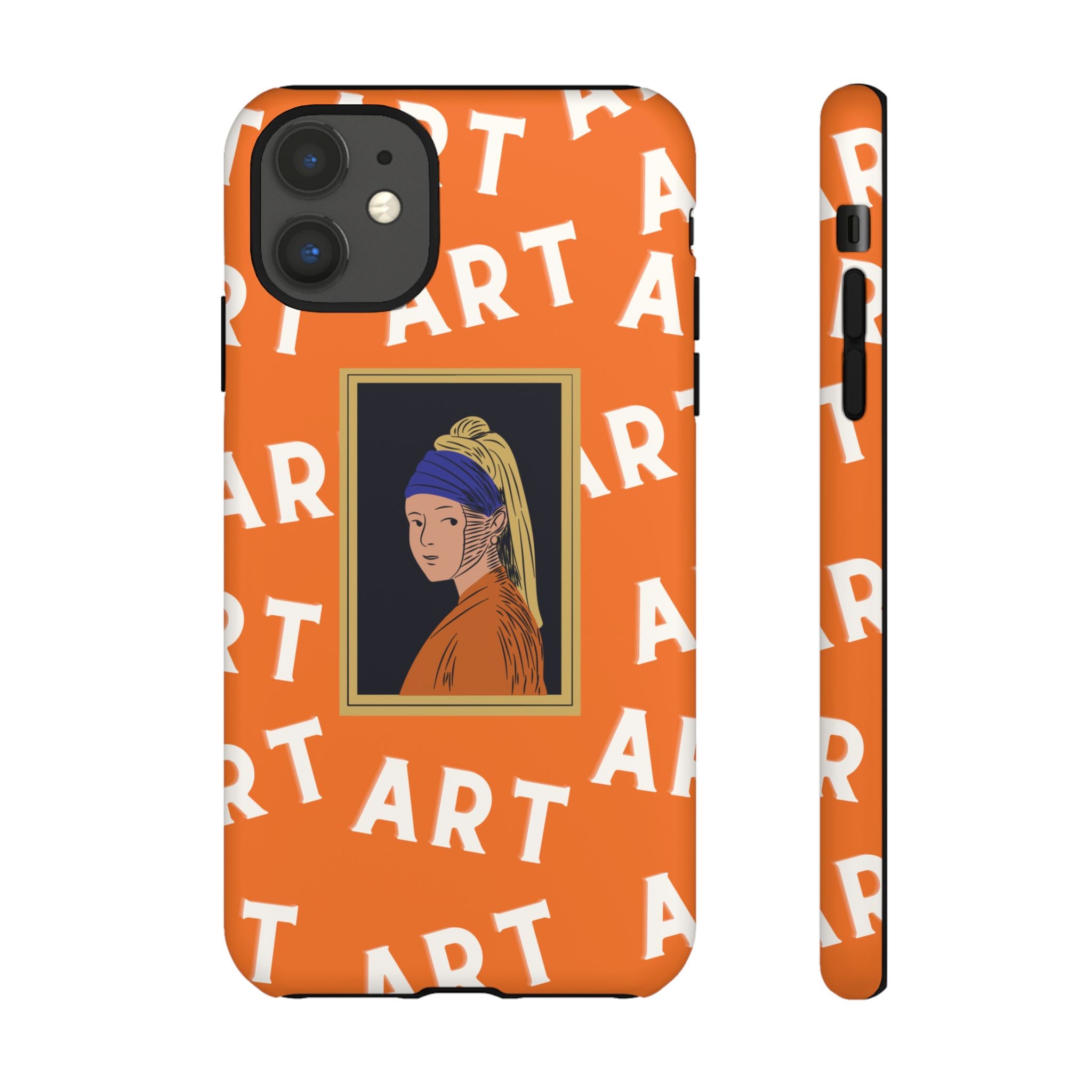 Bold Orange "ART" Pattern with Framed Girl with Pearl Earring Illustration