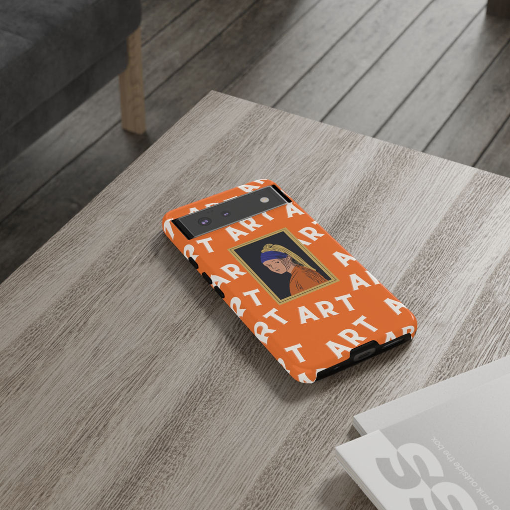 Bold Orange "ART" Pattern with Framed Girl with Pearl Earring Illustration