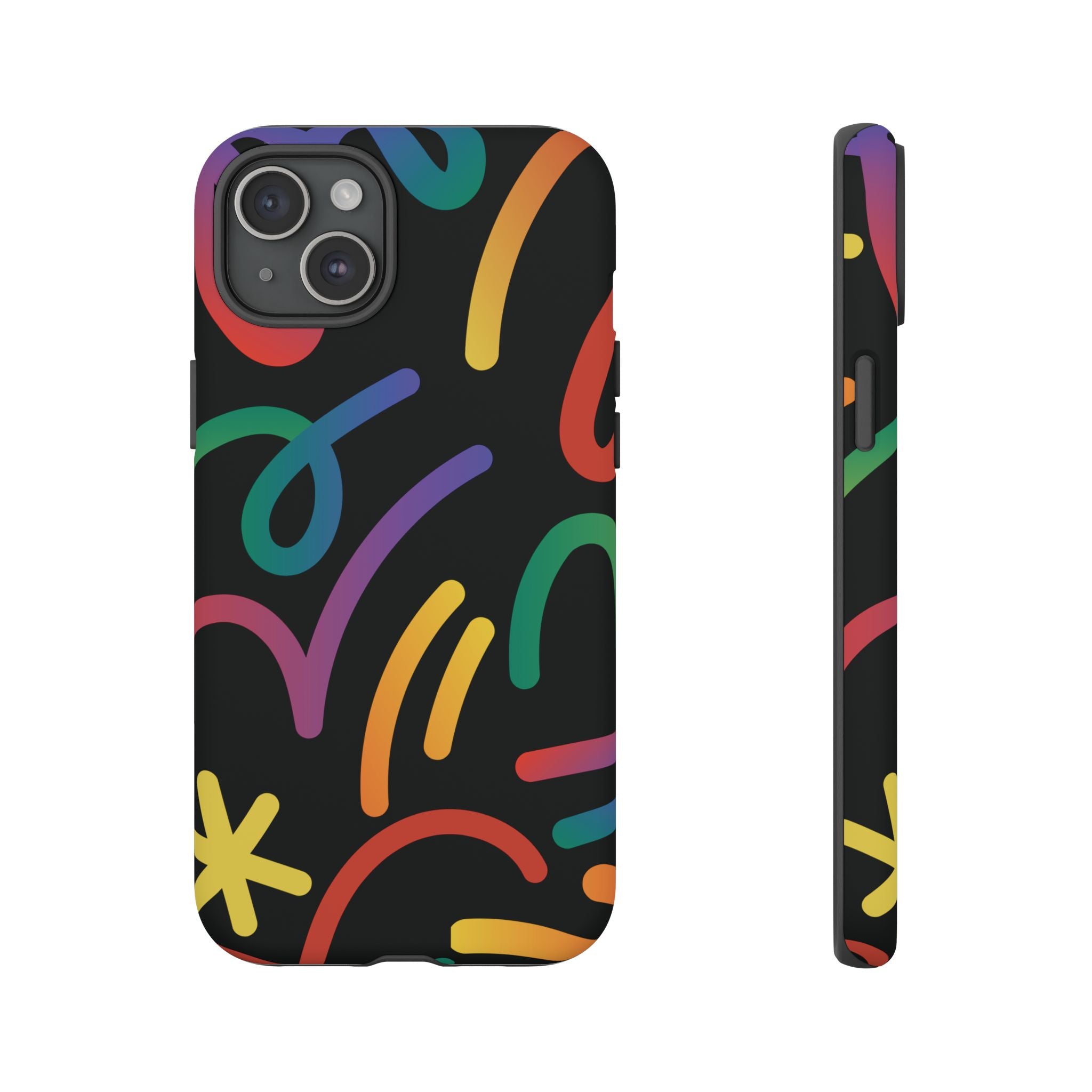 Colorful Doodle Tough Phone Case — Black Background Protective Cover
