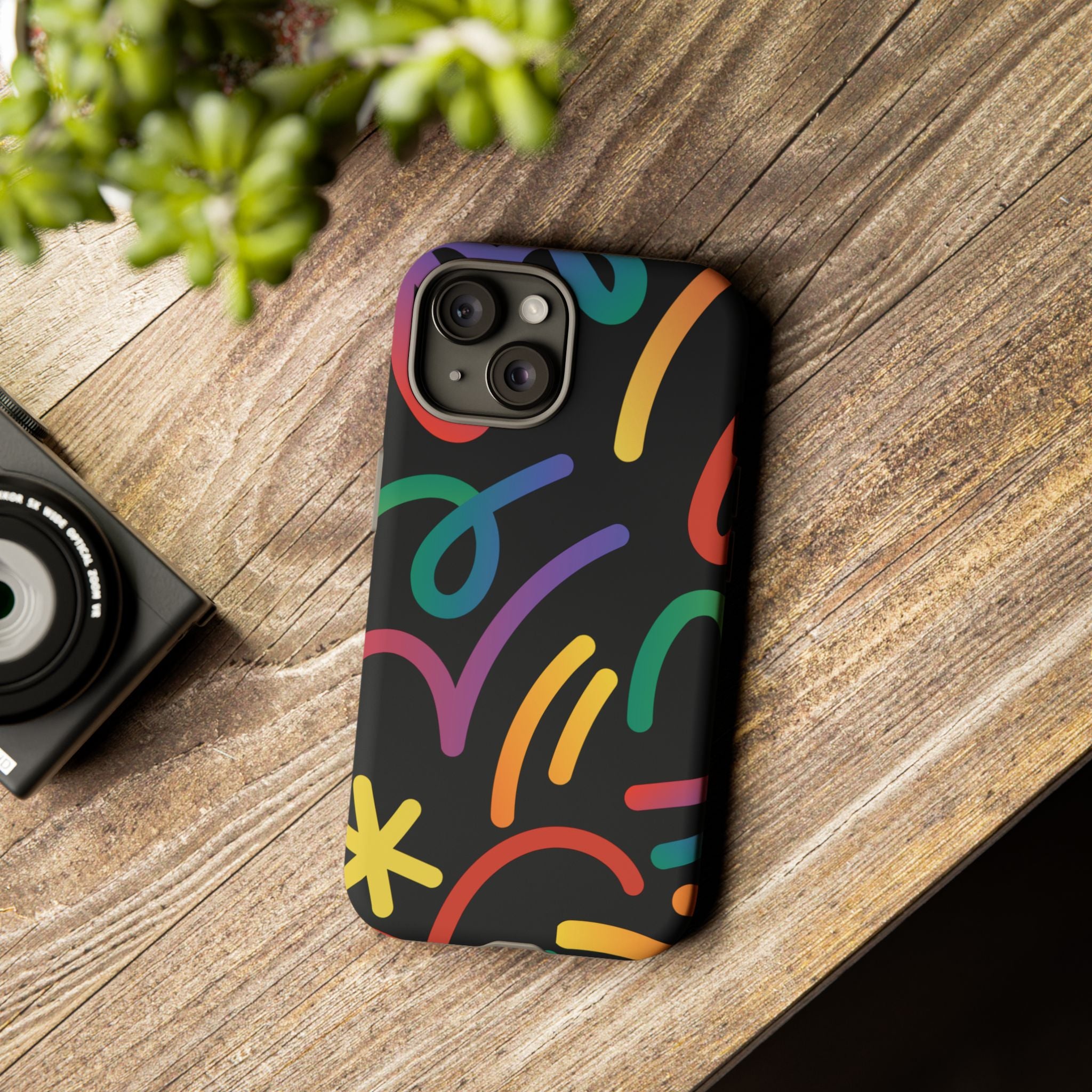 Colorful Doodle Tough Phone Case — Black Background Protective Cover