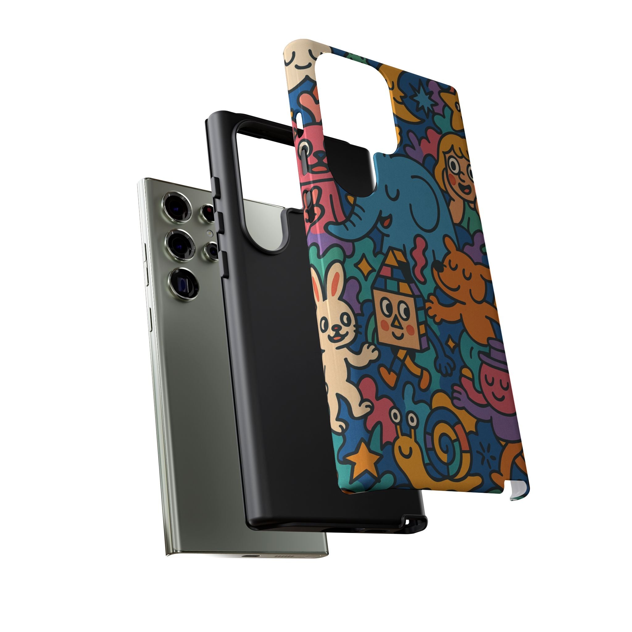 Colorful Doodle Phone Case — Cute Cartoon Animals & Characters