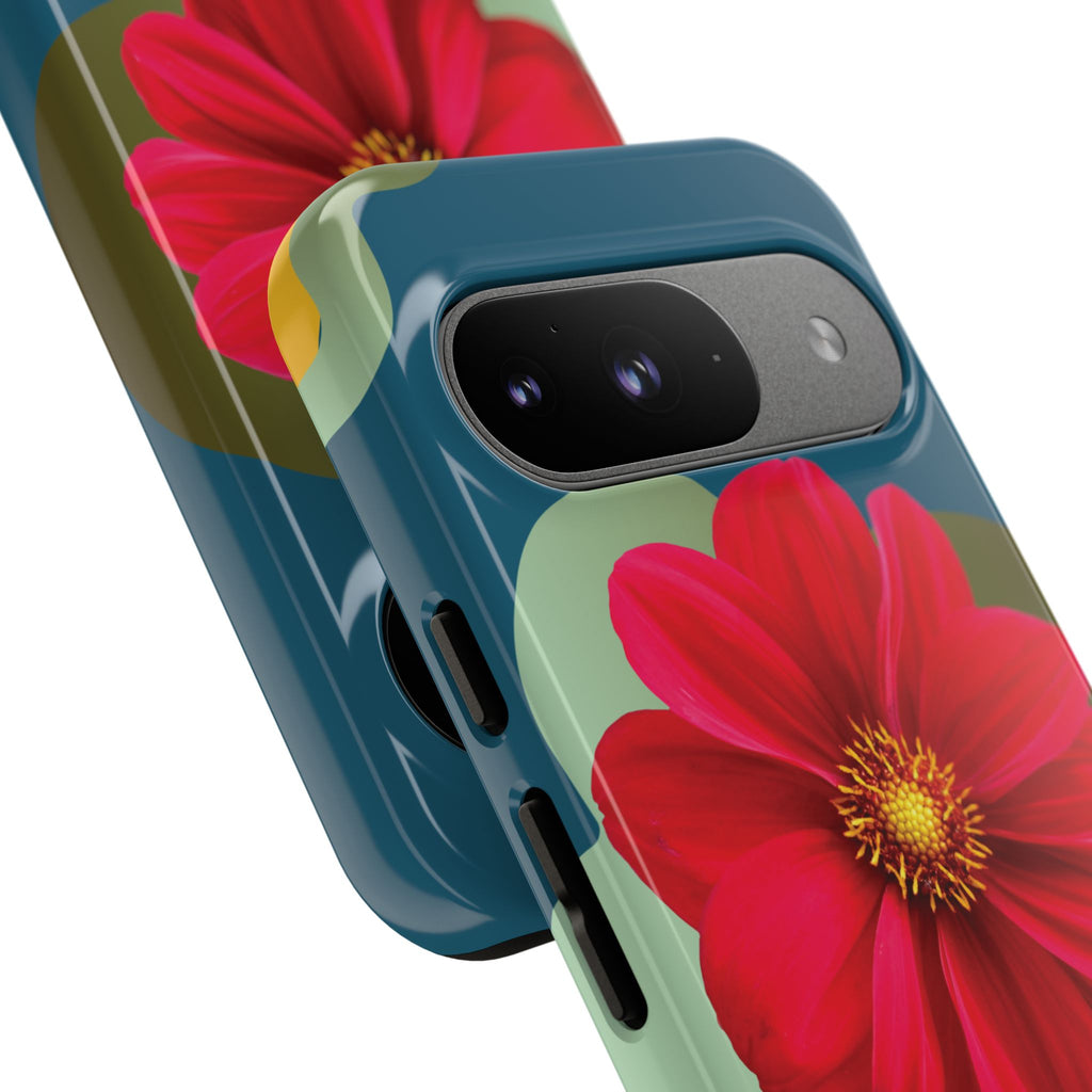 Floral Burst Tough Phone Case — Red Flower on Teal Protective Cover