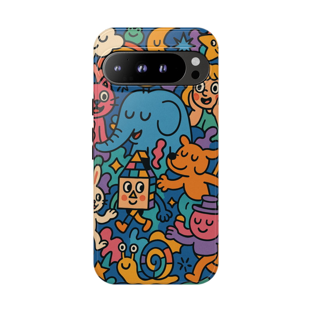 Colorful Doodle Phone Case — Cute Cartoon Animals & Characters