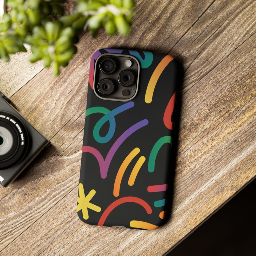 Colorful Doodle Tough Phone Case — Black Background Protective Cover